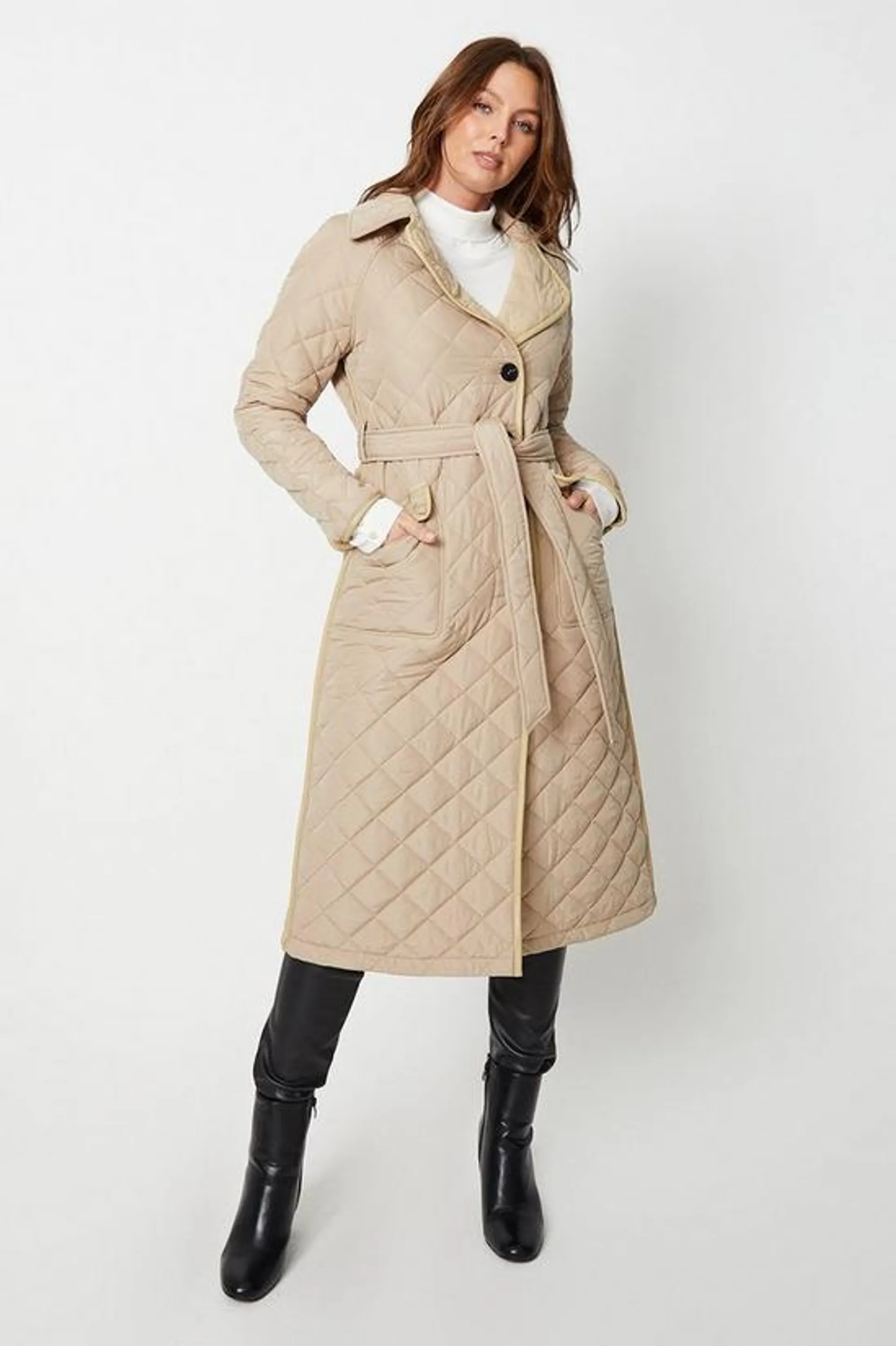 Belted Longline Quilted Coat With Pu Contrast Trims