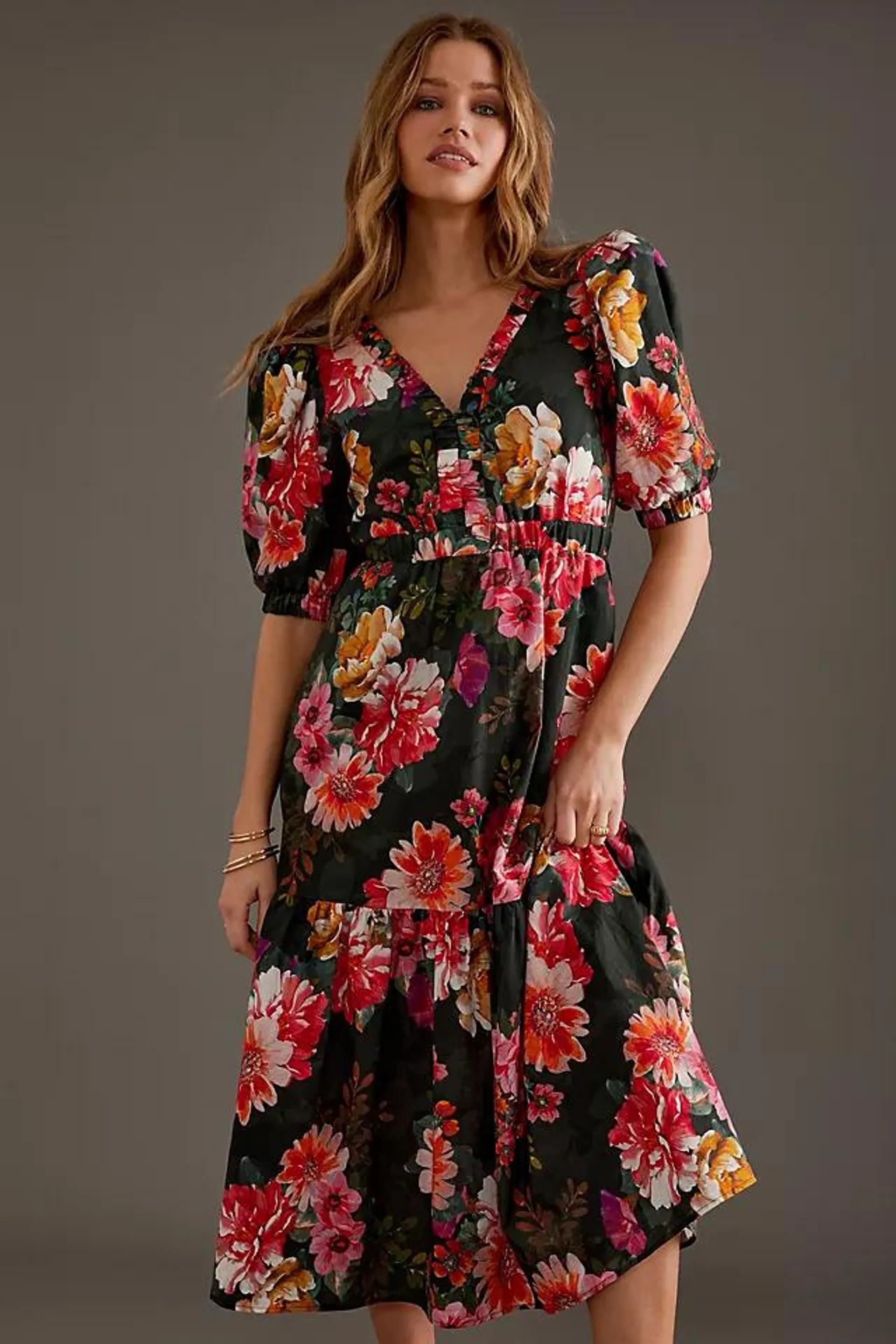 Kachel Juniper Puff-Sleeve Tiered Maxi Dress