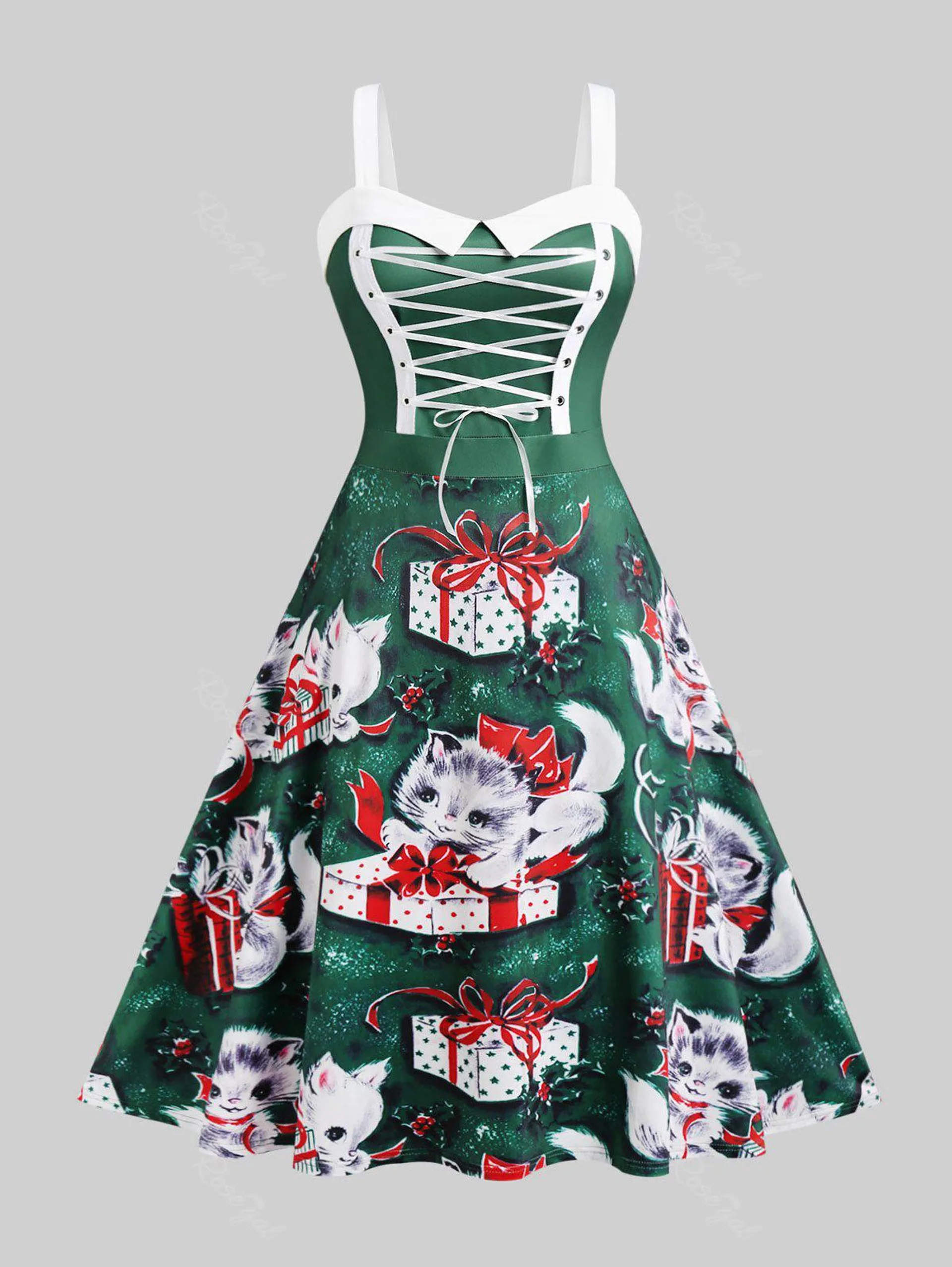 Plus Size Lace Up Gift Cat Print Christmas Dress - 5x