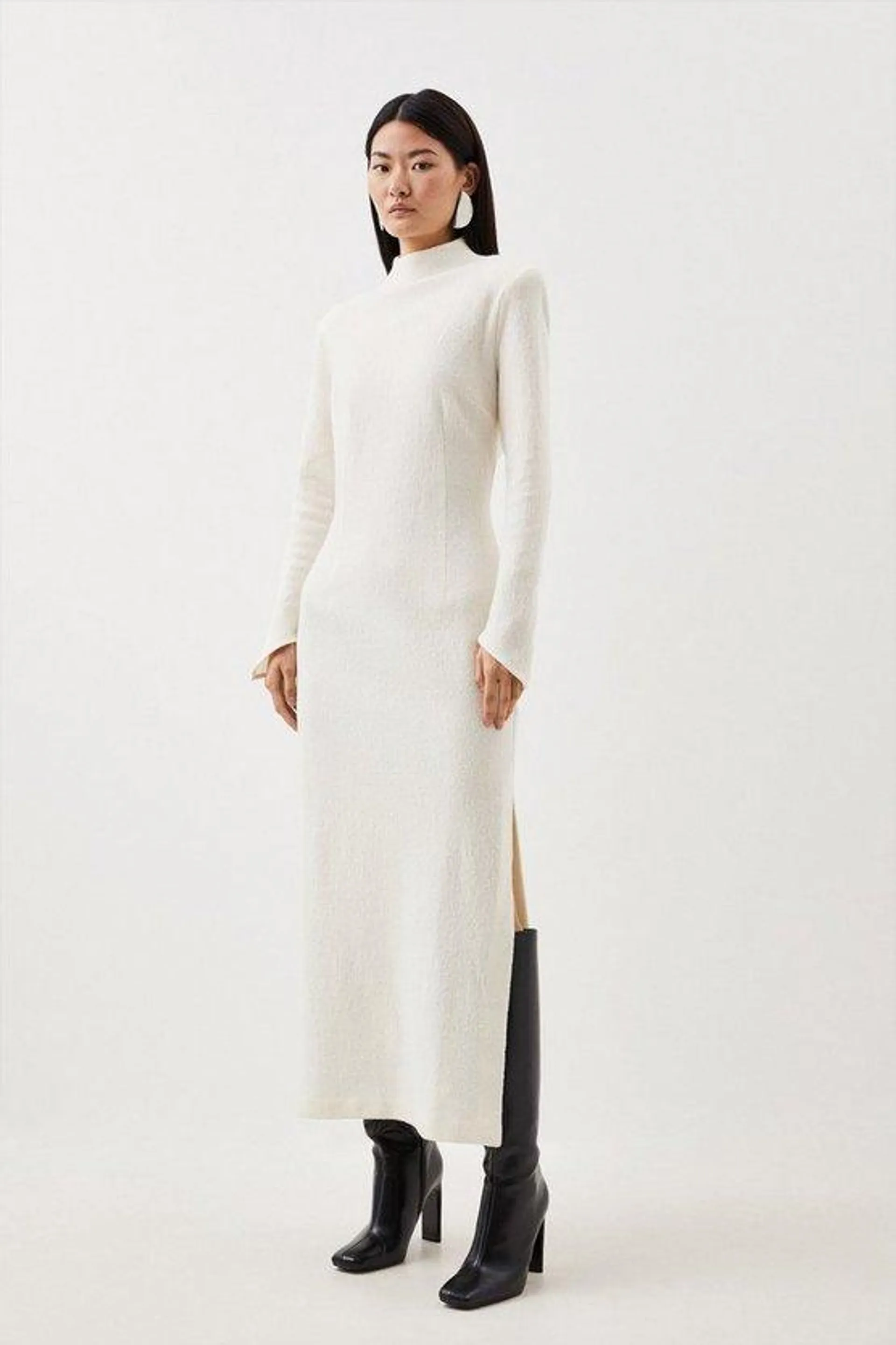 Wool Funnel Neck Knit Midi Dress