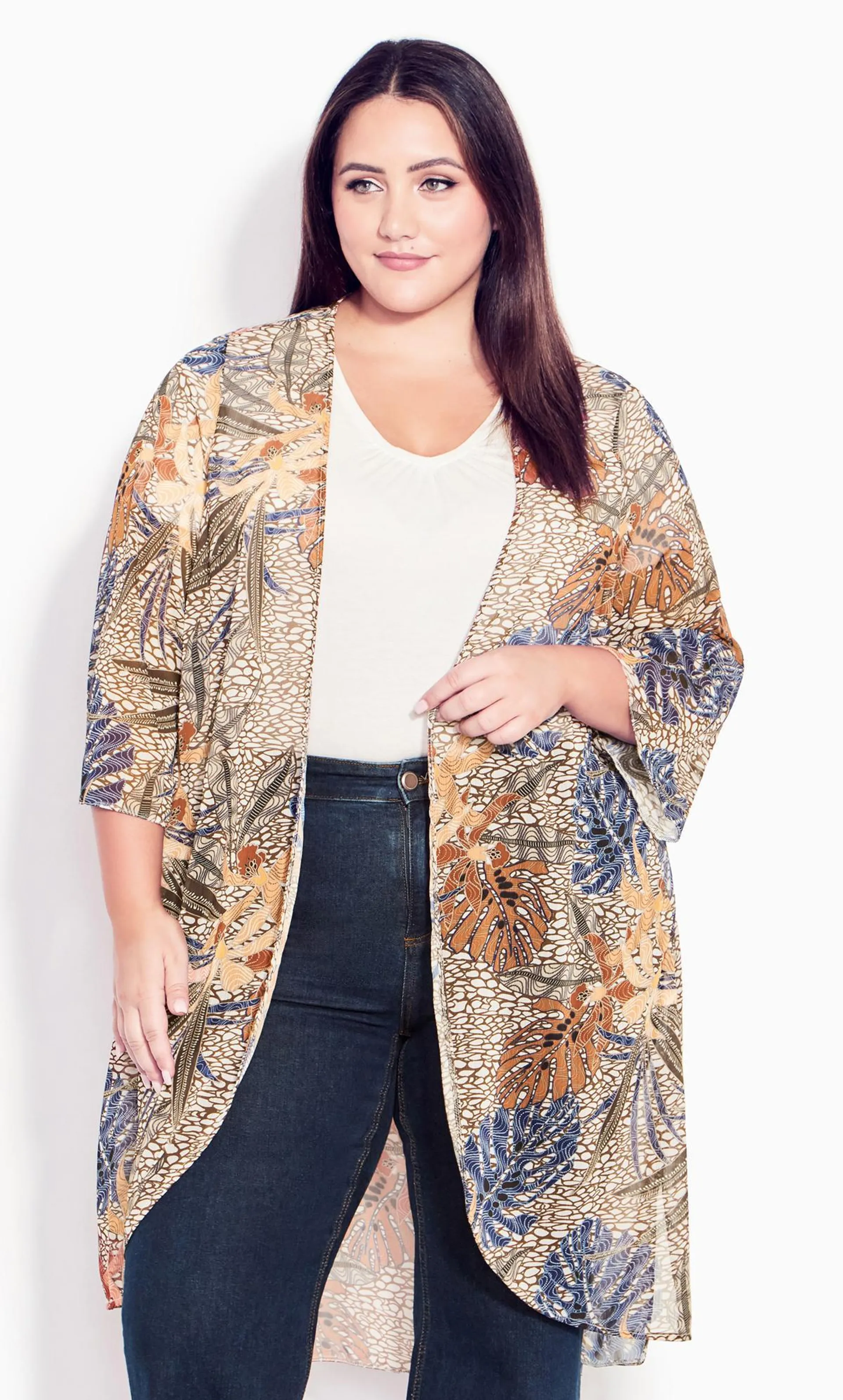 Evans Beige & Blue Palm Print Kimono