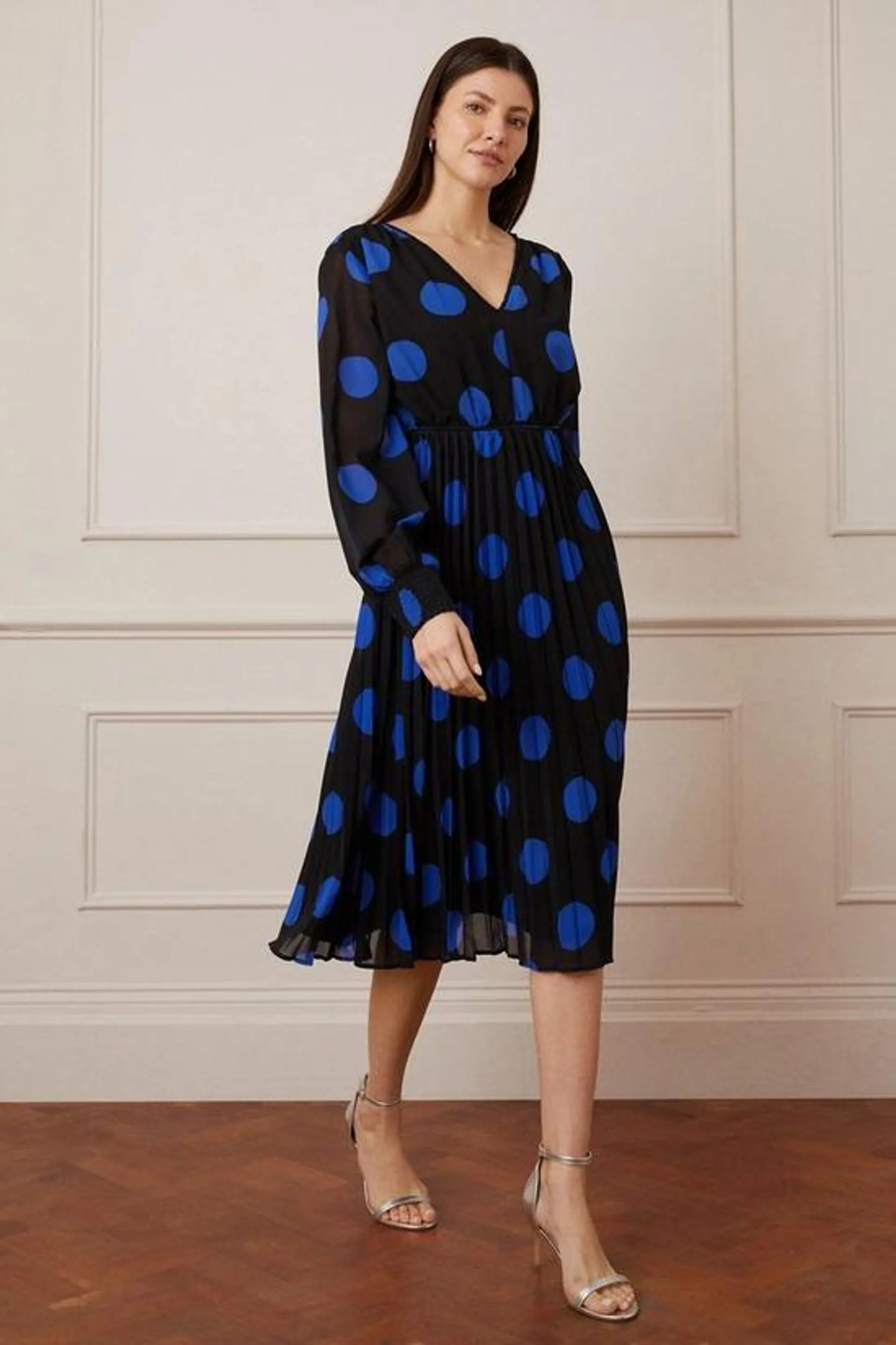 Polka Dot Bead Detail Pleated Midi Dress