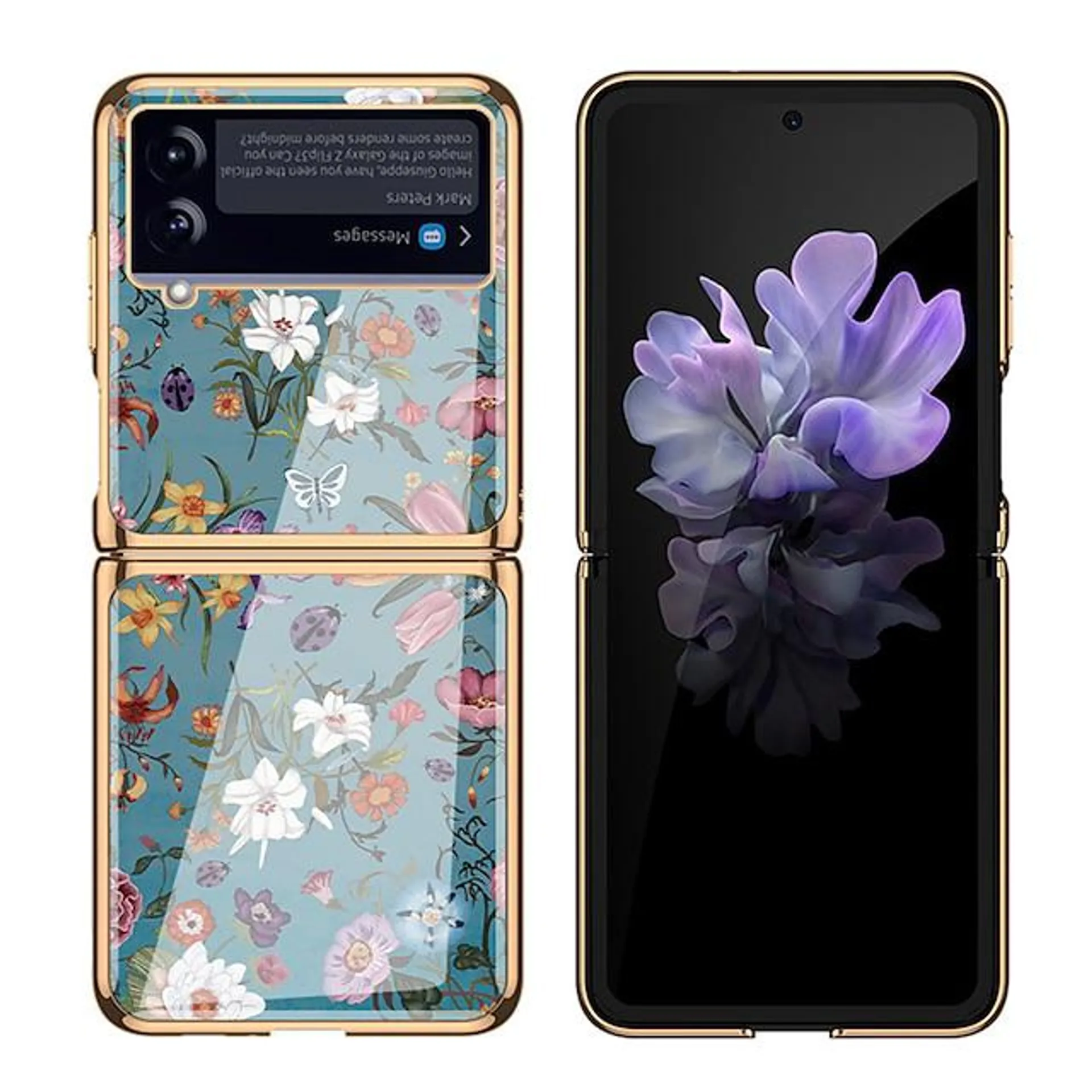 Phone Case For Samsung Galaxy Z Flip 4/3 Shockproof Ultra-thin Lens Protector Tempered Glass Backplane Electroplated Frame PC Back Cover Graphic Flower