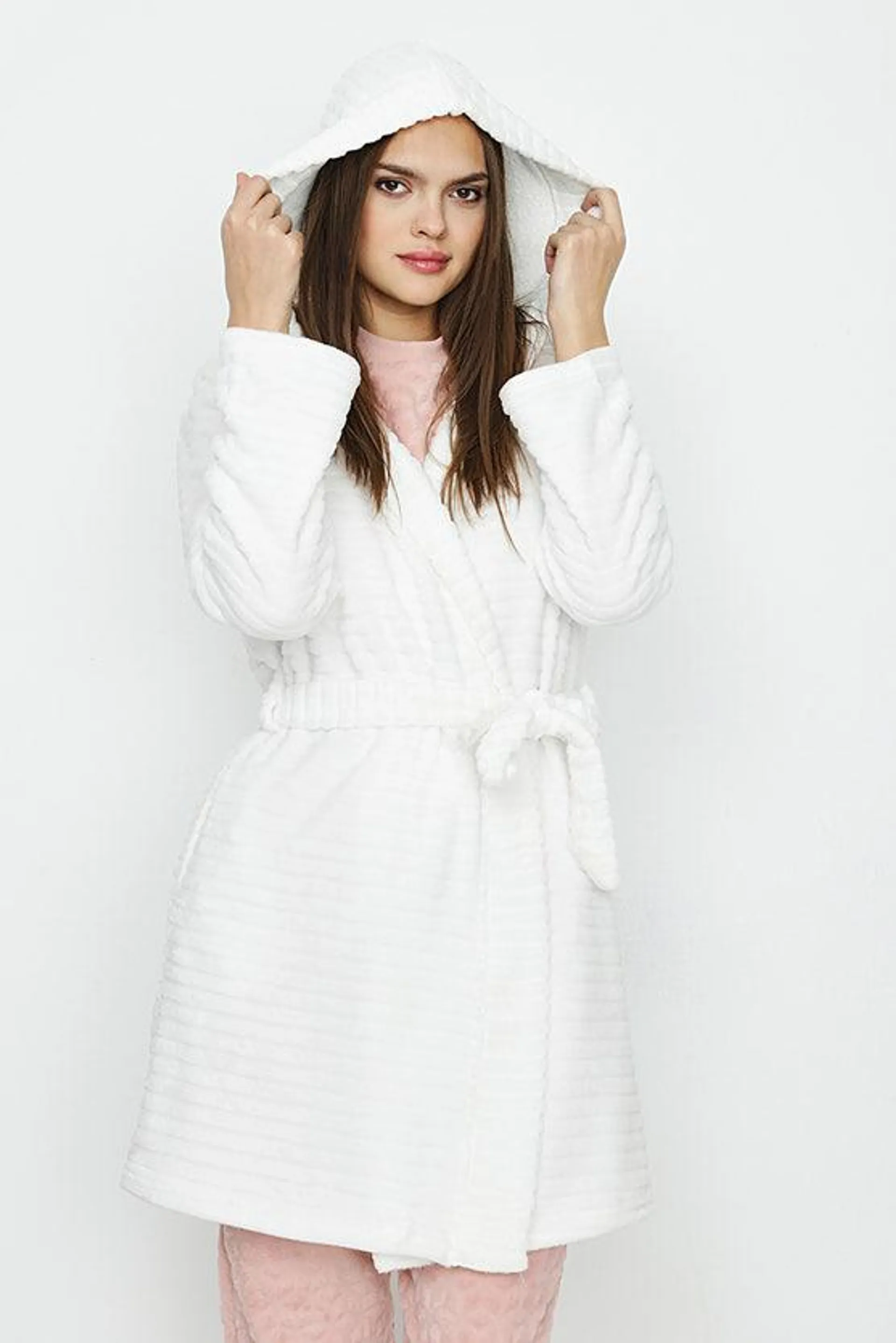 White Cut Fleece Hooded Robe