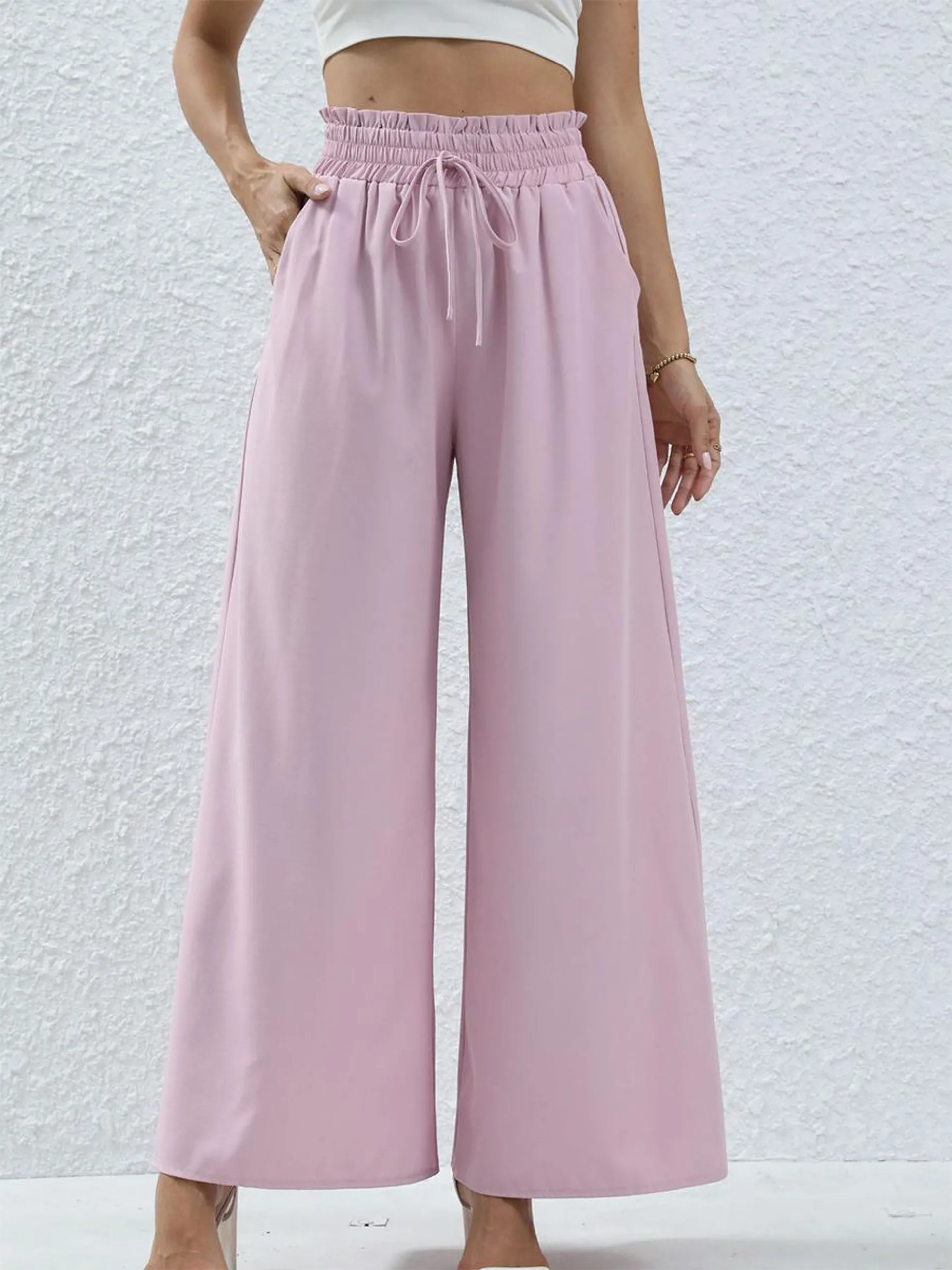 Pants Pink Lace Up Polyester Raised Waist Trousers