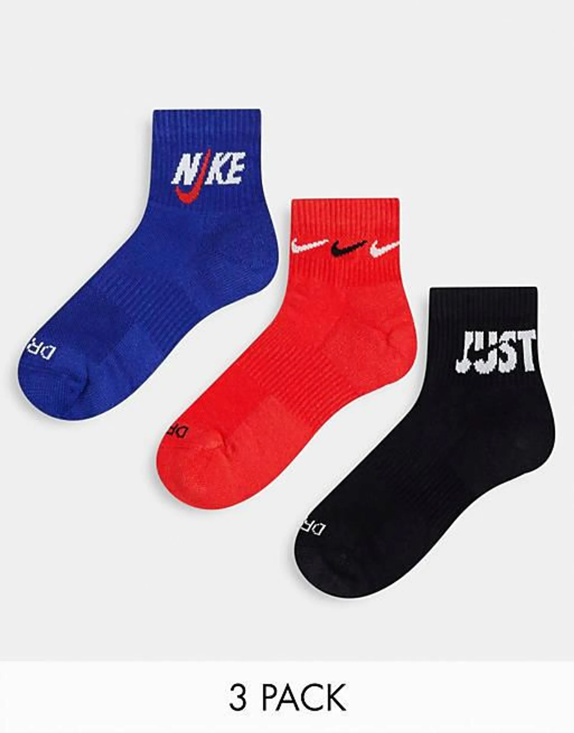 Nike Training unisex cush 3 pack ankle logo socks in blue, red and black