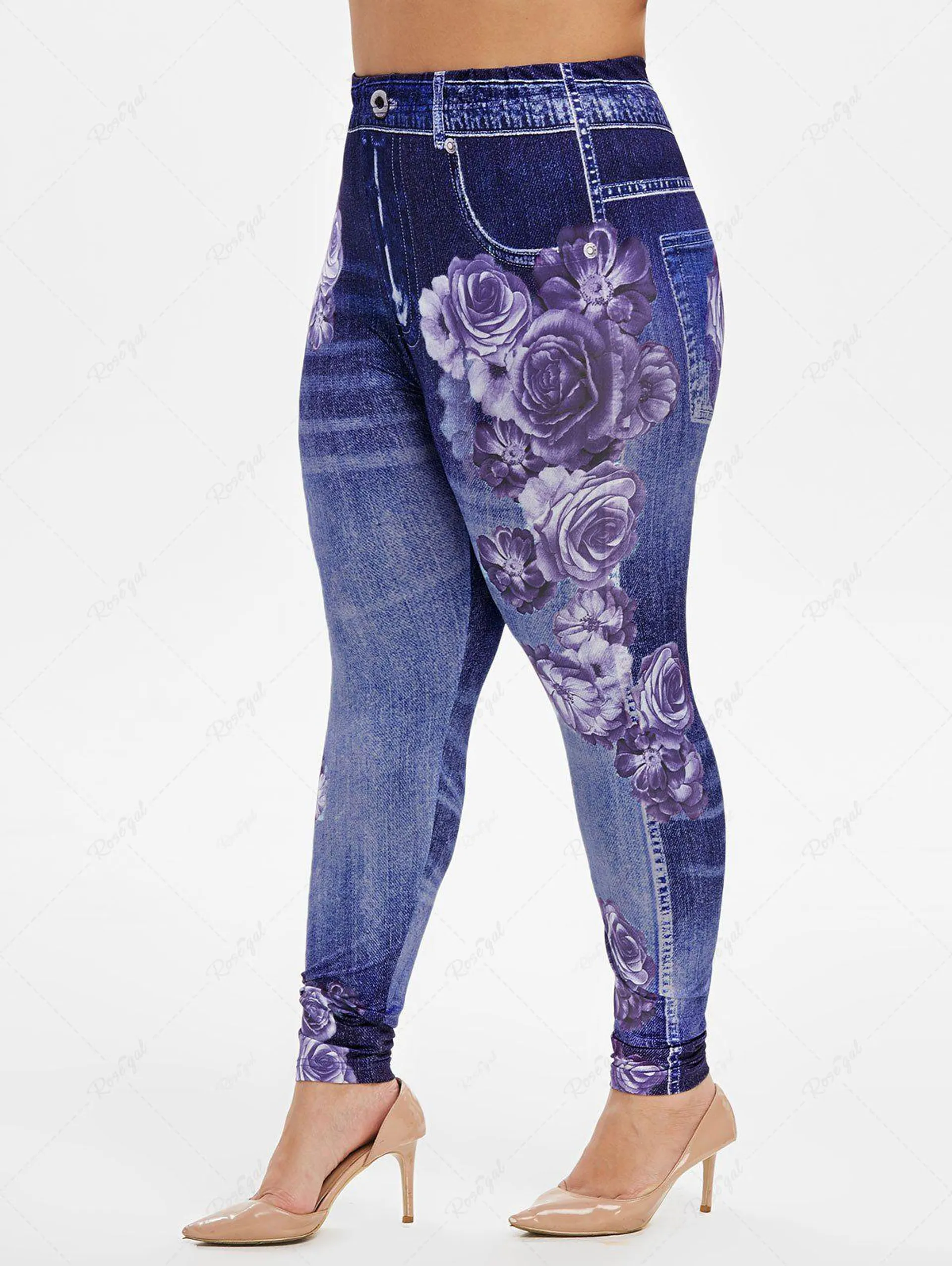 Plus Size High Waist Floral Print 3D Jeggings - 4x | Us 26-28