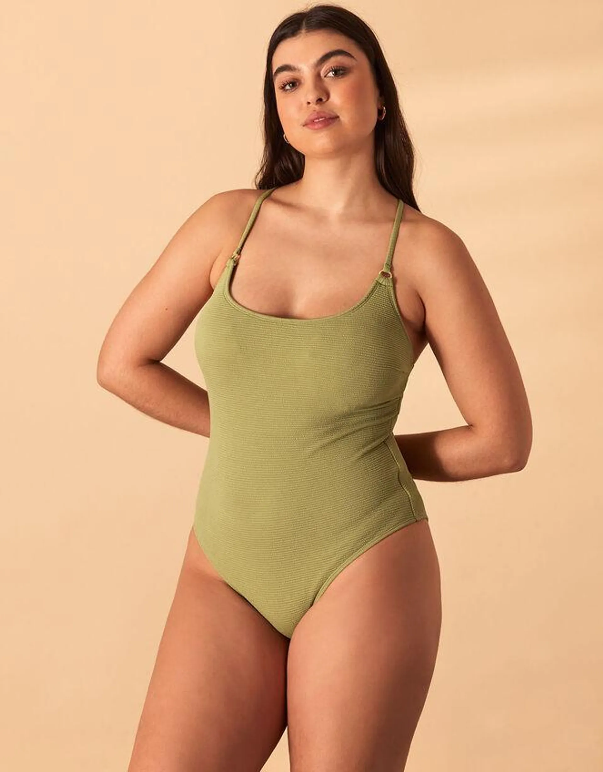 Crinkle Scoop Neck Swimsuit Green