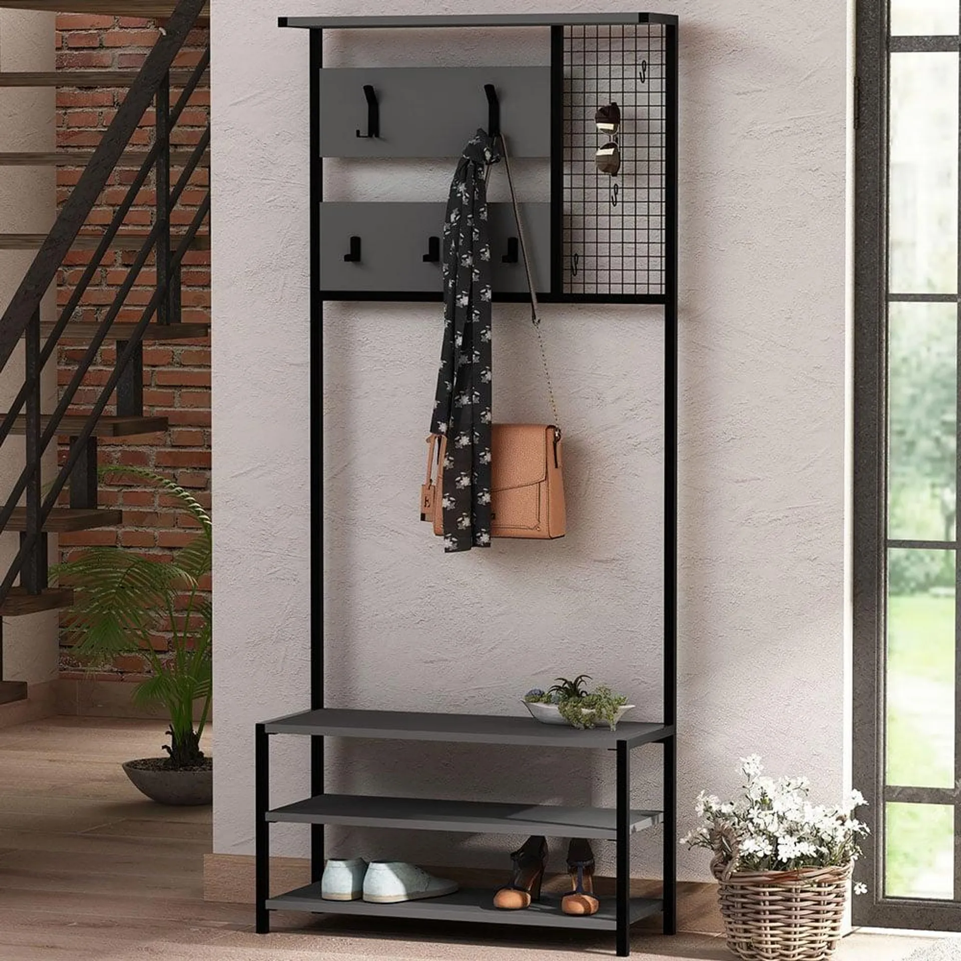 GFW Shifnal 2 Shelf Dark Grey Hallway Storage Unit with Hooks