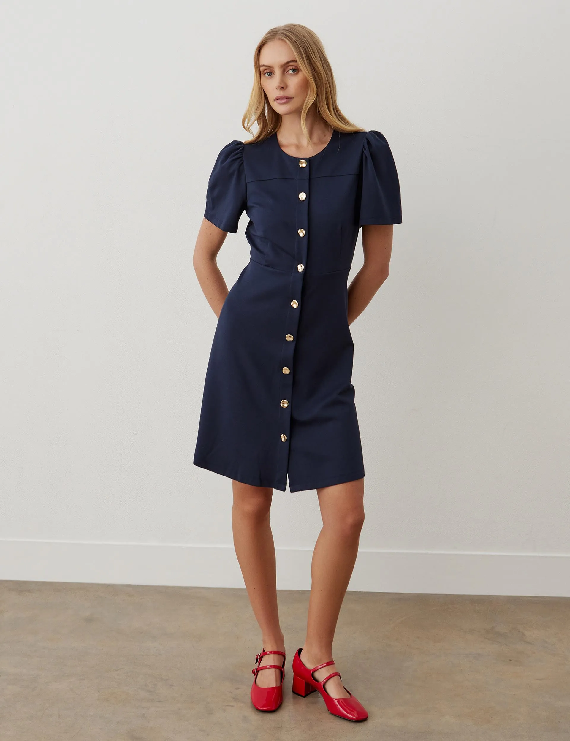 Button Through Knee Length Shift Dress