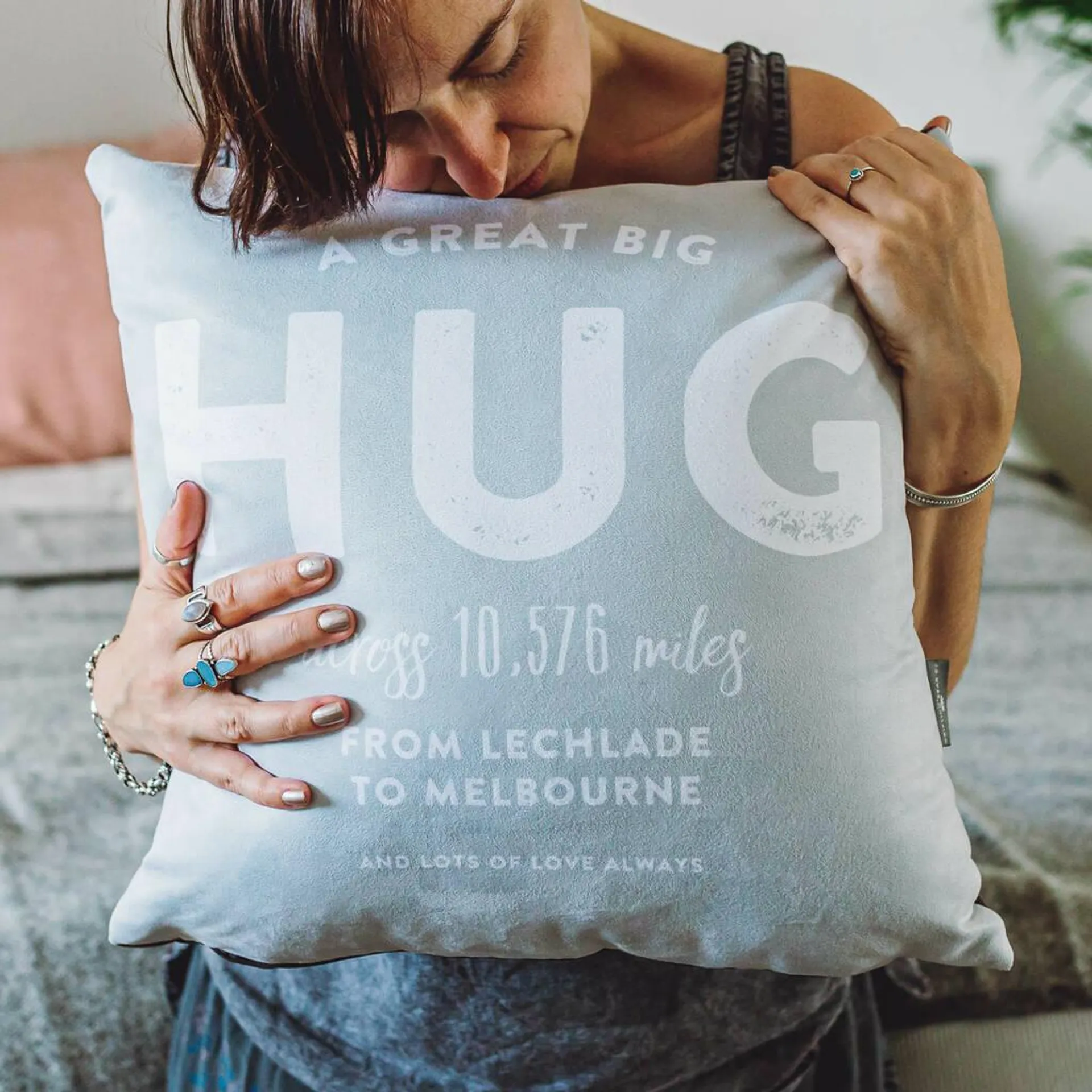 Personalised 'Hug Across The Miles' Locations Cushion