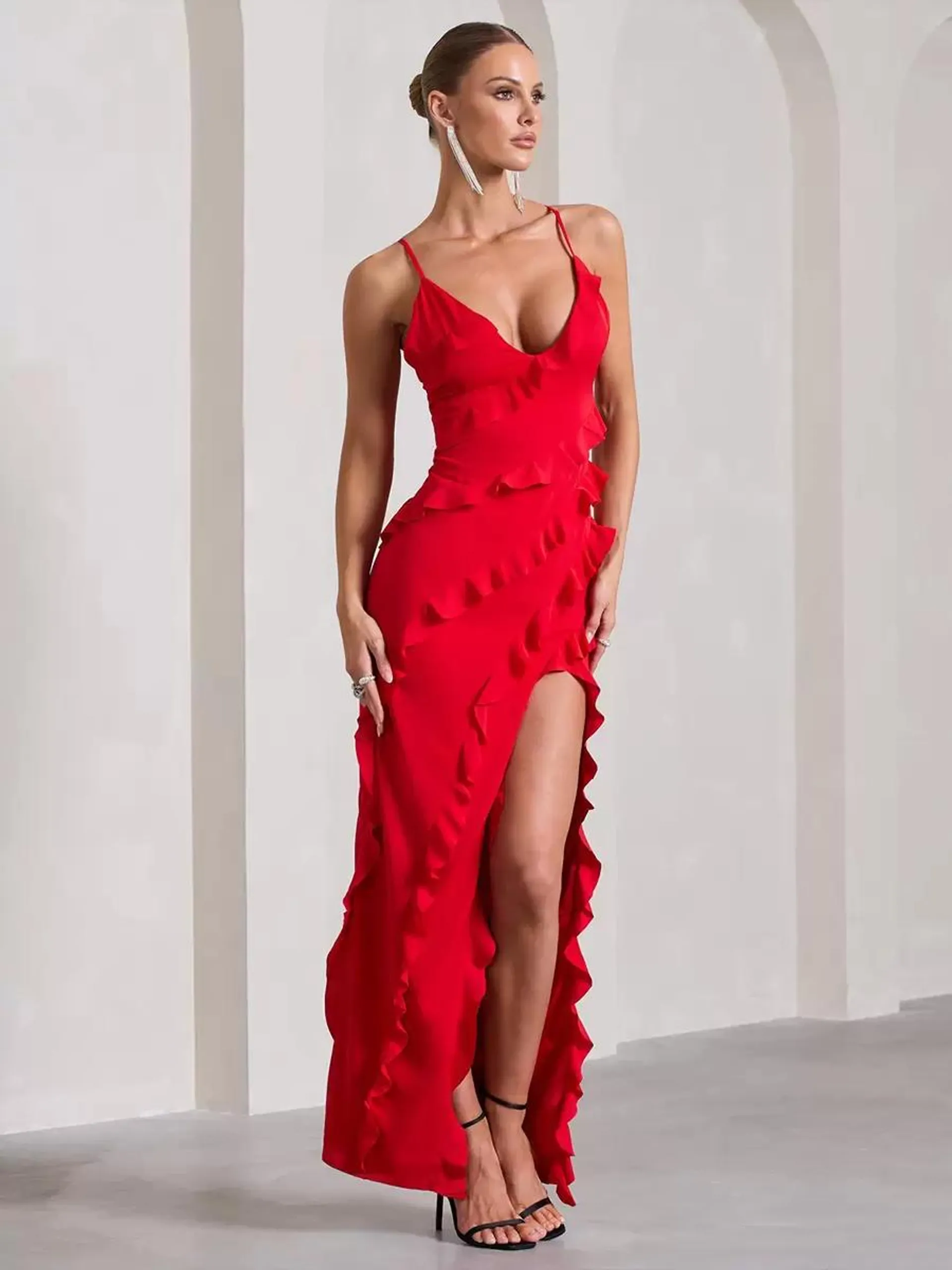 Party Dresses Red V-Neck Ruffles Sleeveless Backless Semi Formal Dress