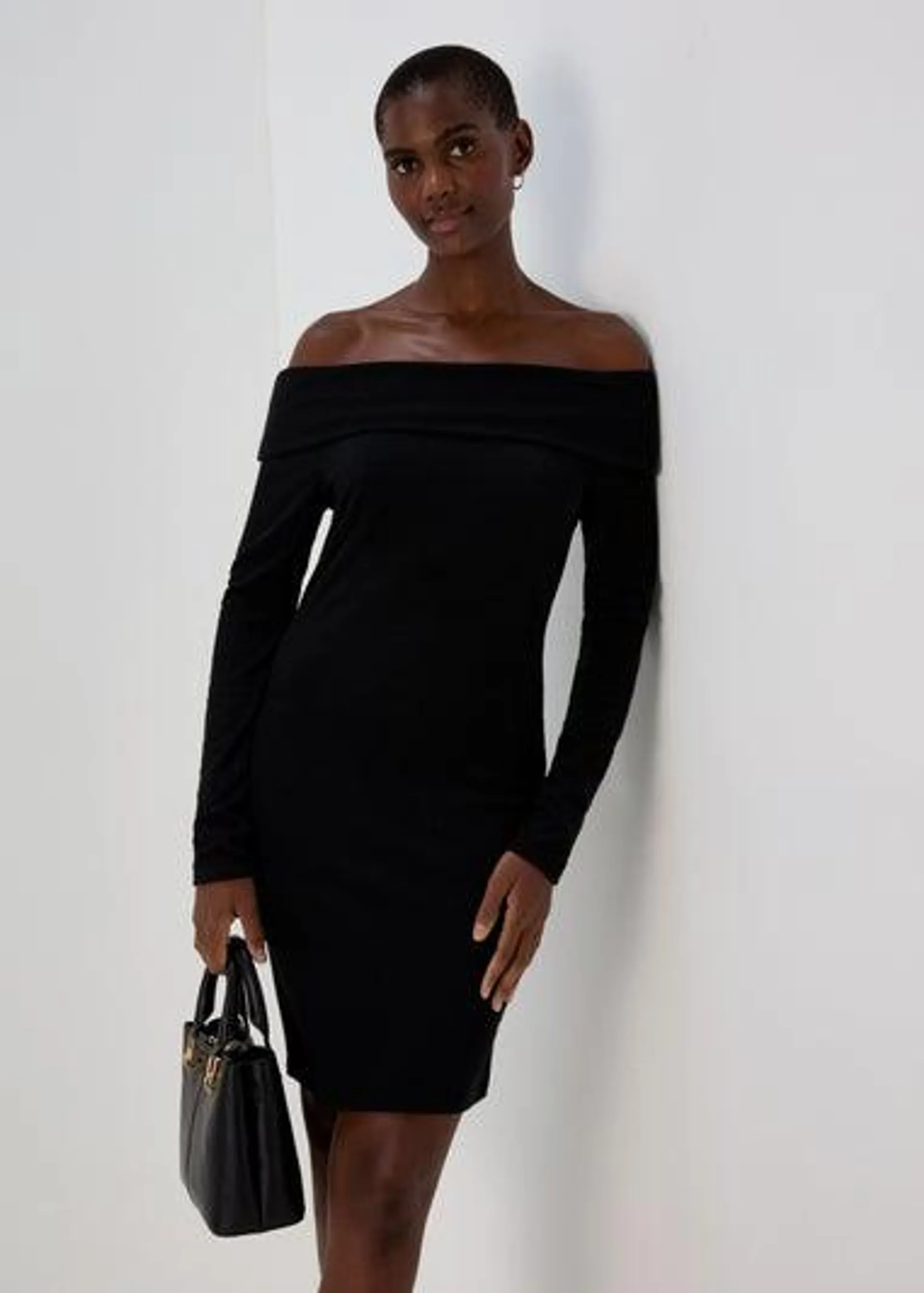 Black Bardot Ribbed Mini Dress - Size 8