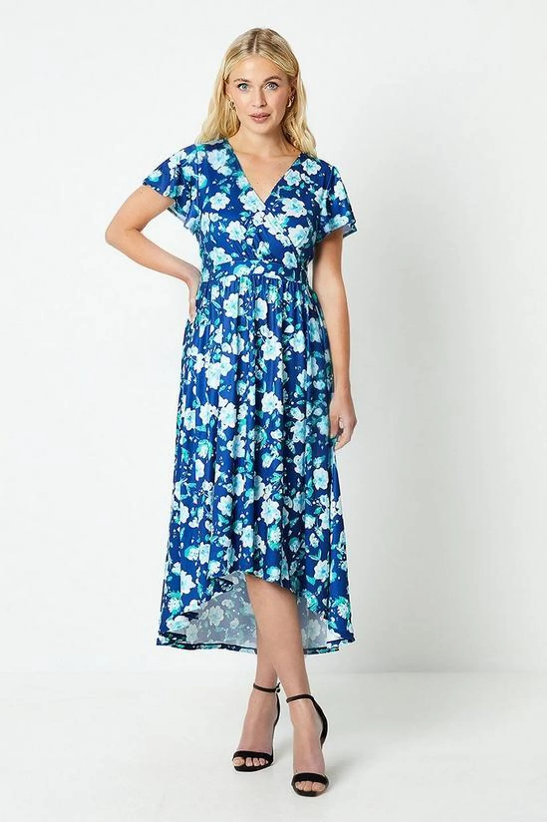 Petite Printed Jersey Wrap Front High Low Hem Midi