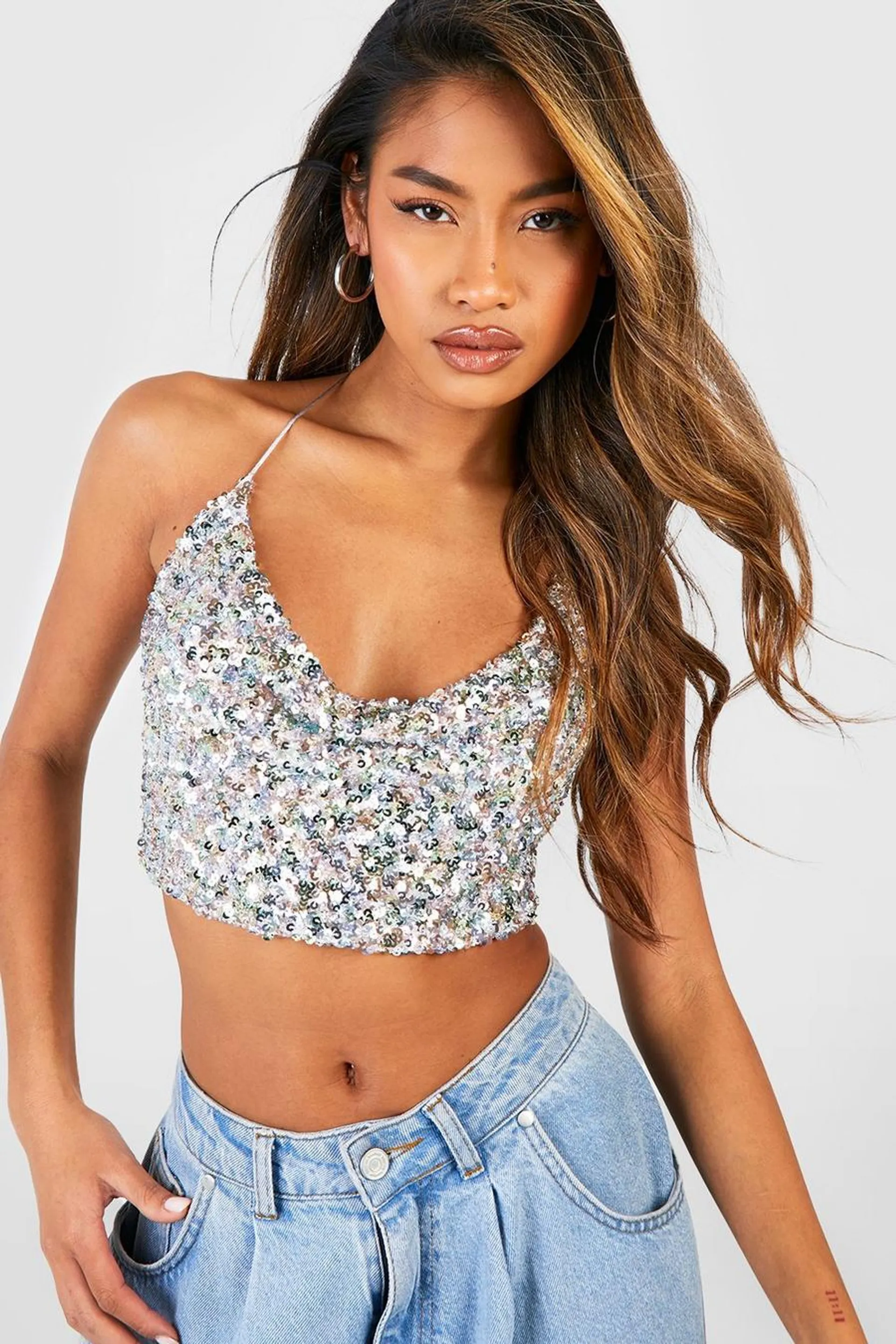 Multi Sequin Cowl Neck Crop Top