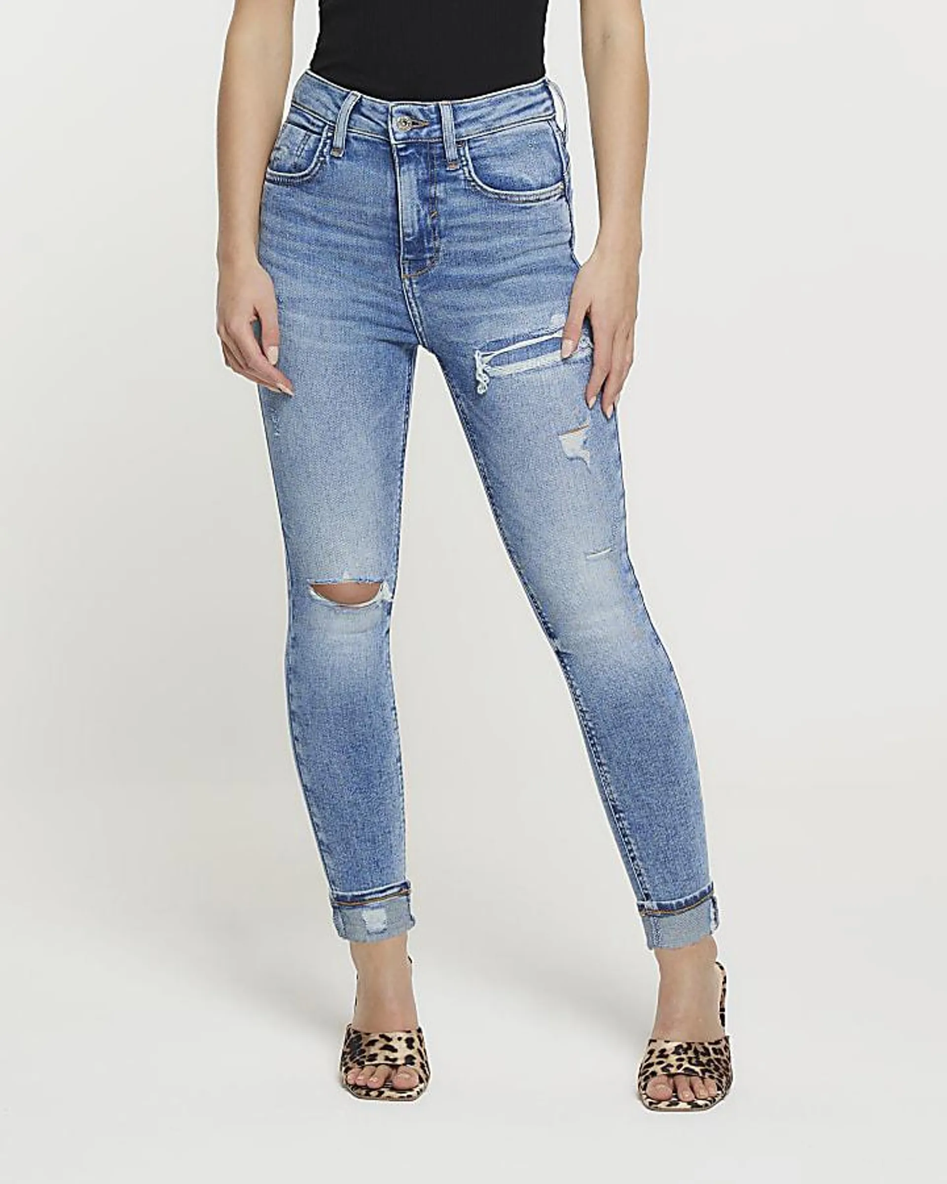 Petite blue high waist skinny ripped jeans