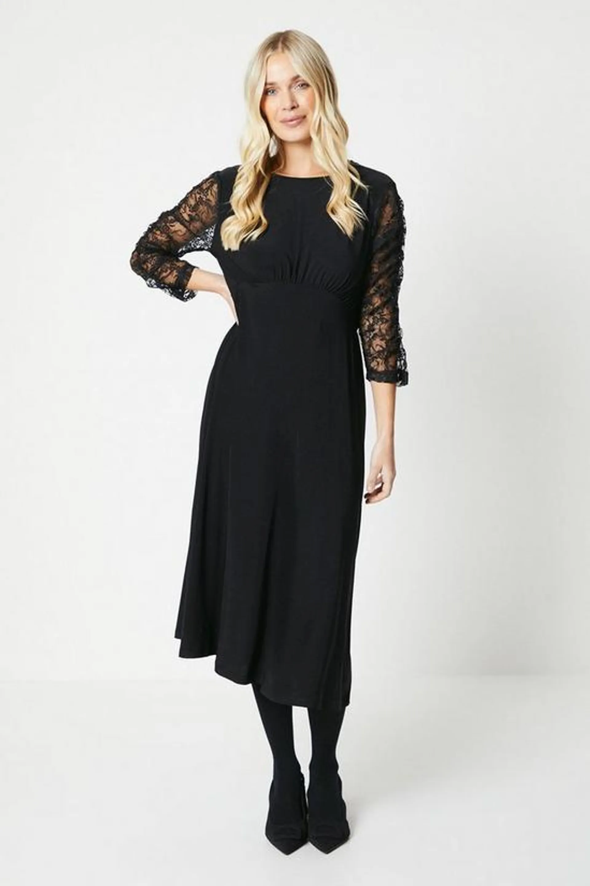 Petite Lace Volume Sleeve Midi Dress