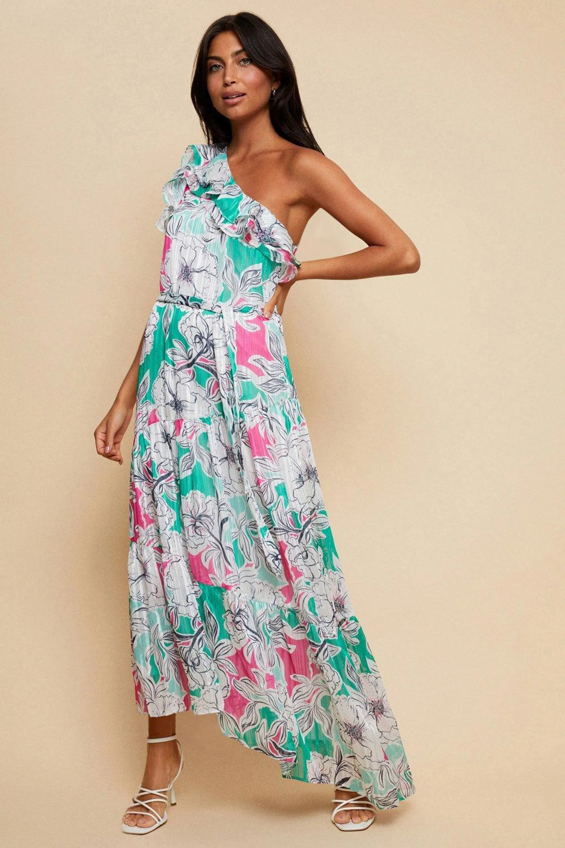 Green And Pink One Shoulder Maxi Dress