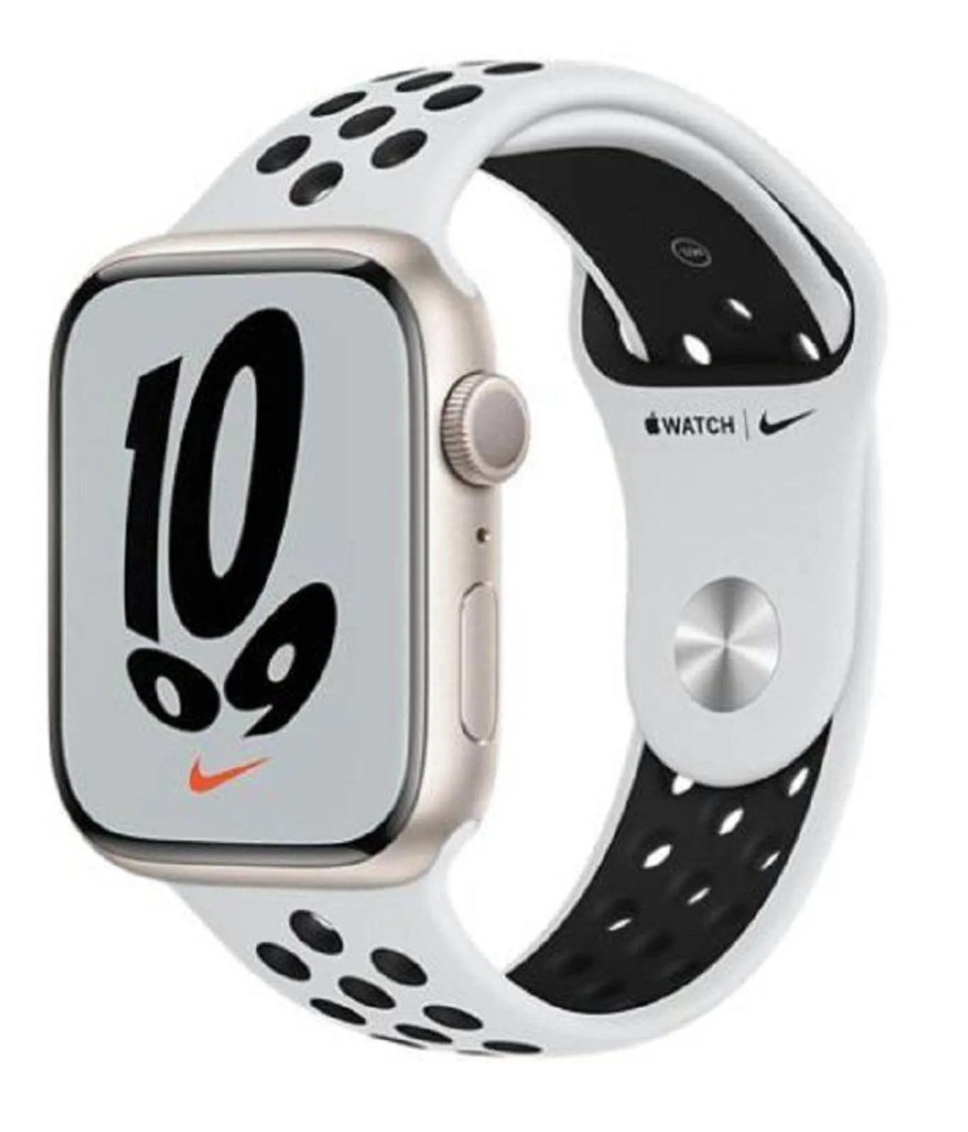 Apple Watch Nike Series 7 GPS + Cellular, 45mm Starlight Aluminium Case with Pure Platinum/Black Nike Sport Band - Regular