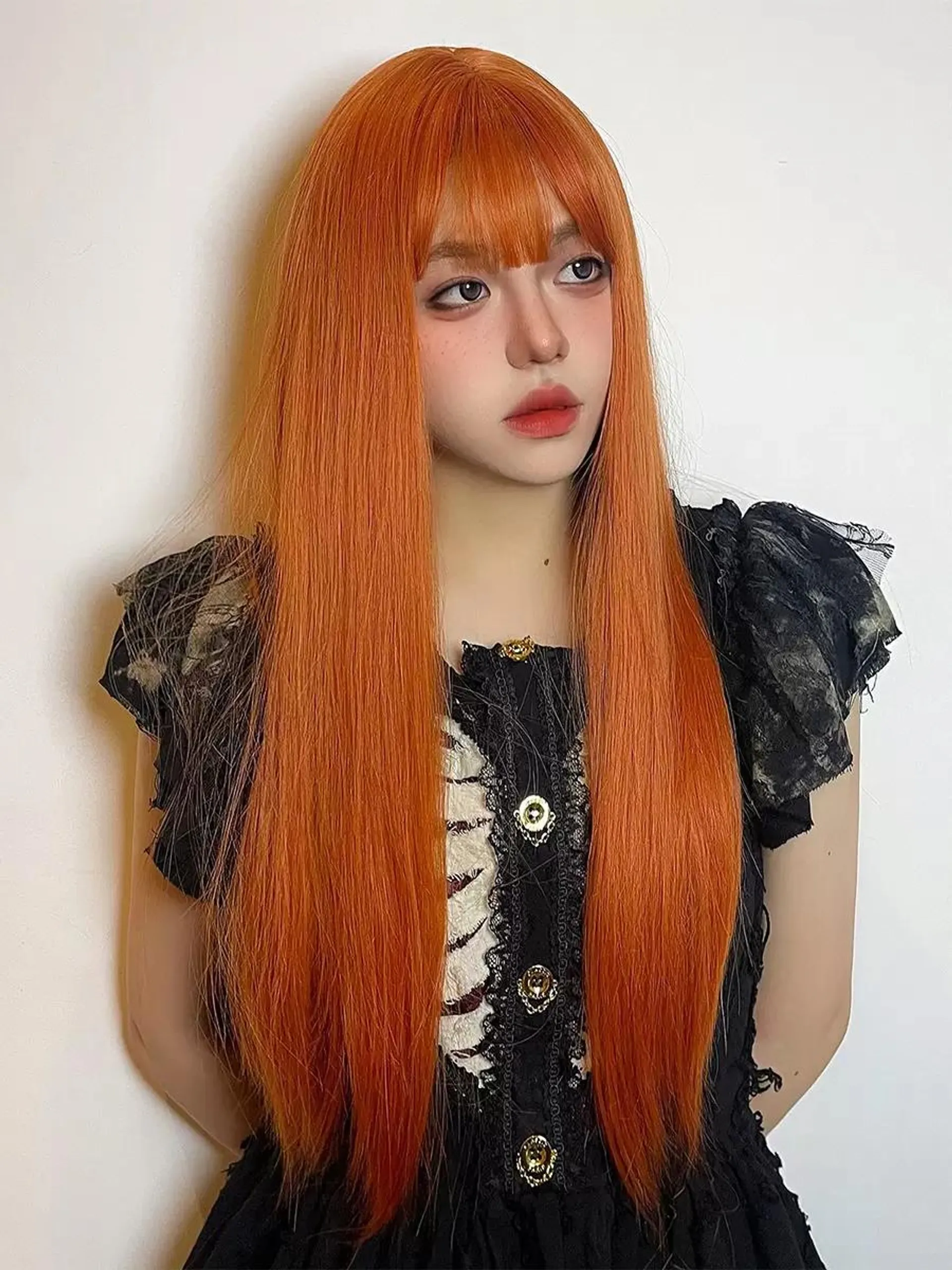 Wig Long Straight Orange Red Festival Casual Wig With Bangs