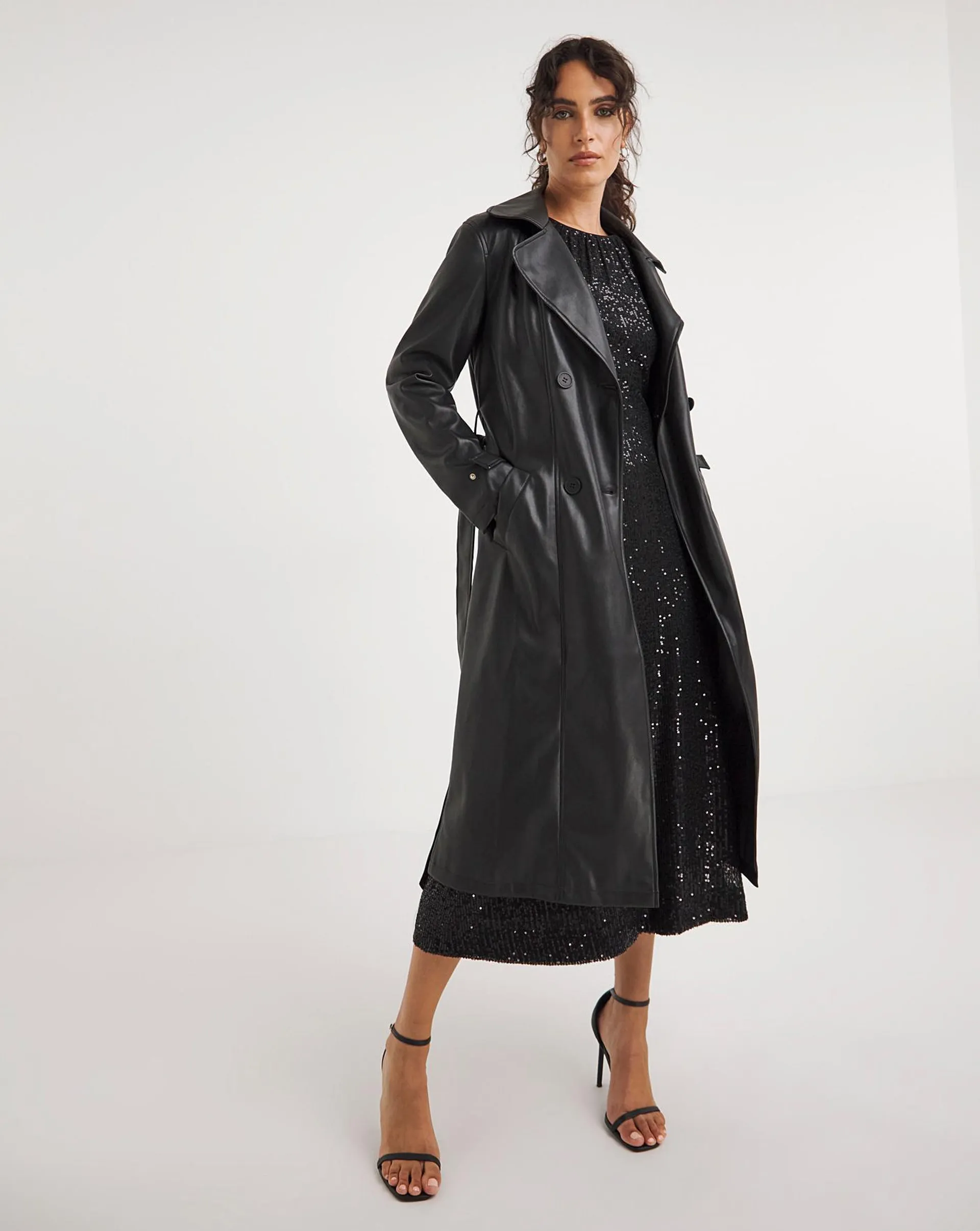 Black Faux Leather Trench Coat