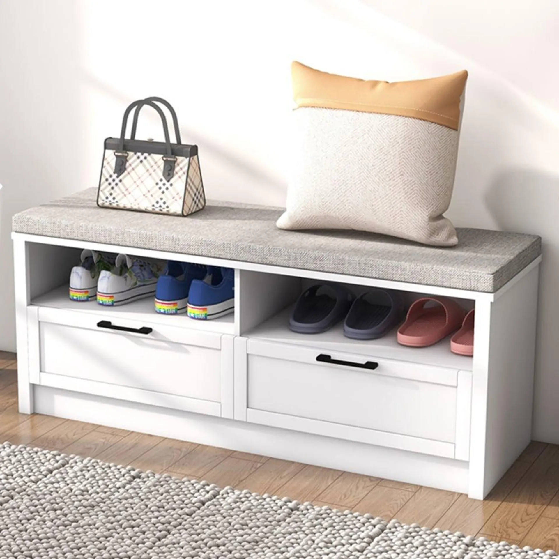 Portland 2 Drawer White Shoe Storage Bench with Seat