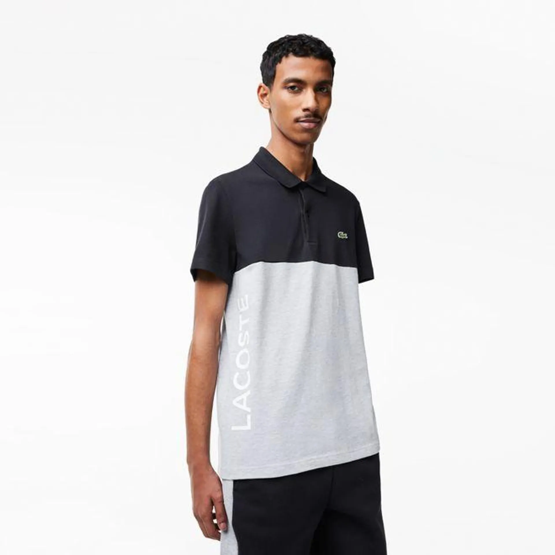 Lacoste Regular Fit Stretch Cotton Colourblock Polo Shirt in Grey black