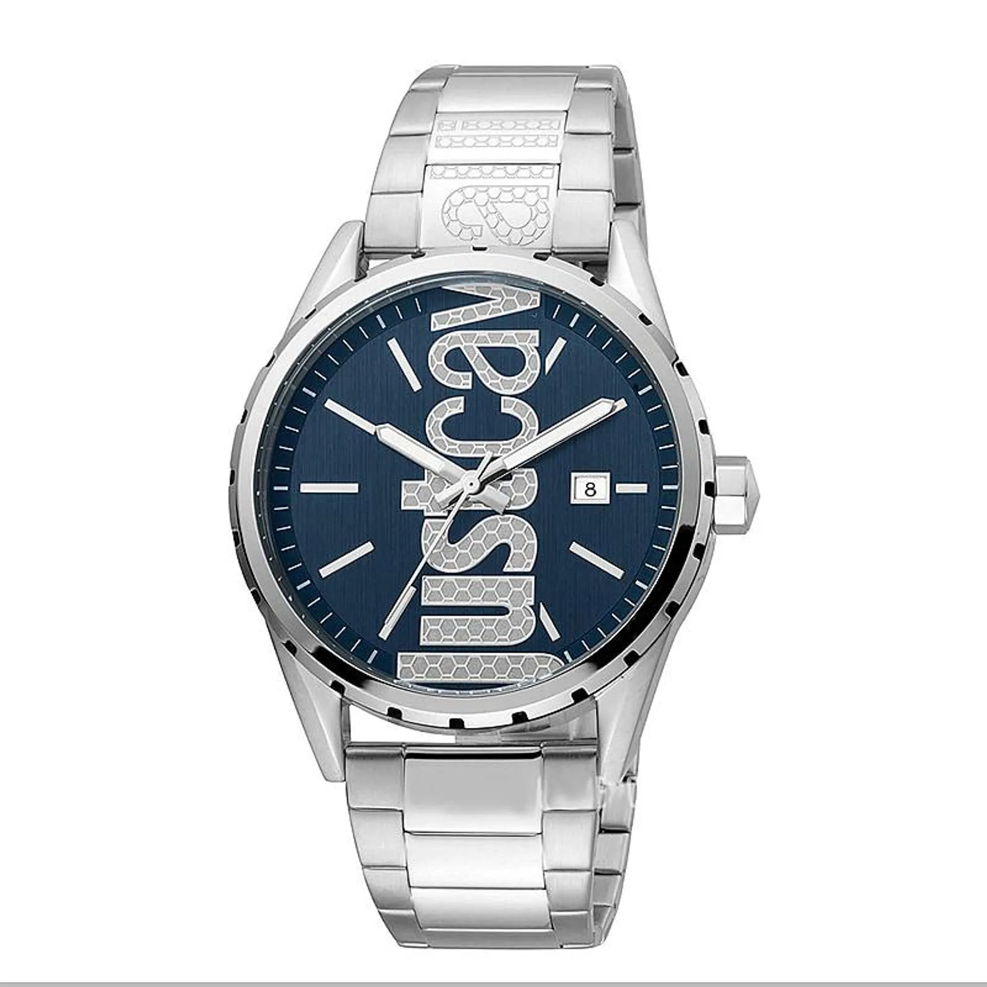 JUST CAVALLI Blue Dial Water Resistant Watch with Stainless Steel Chain Strap