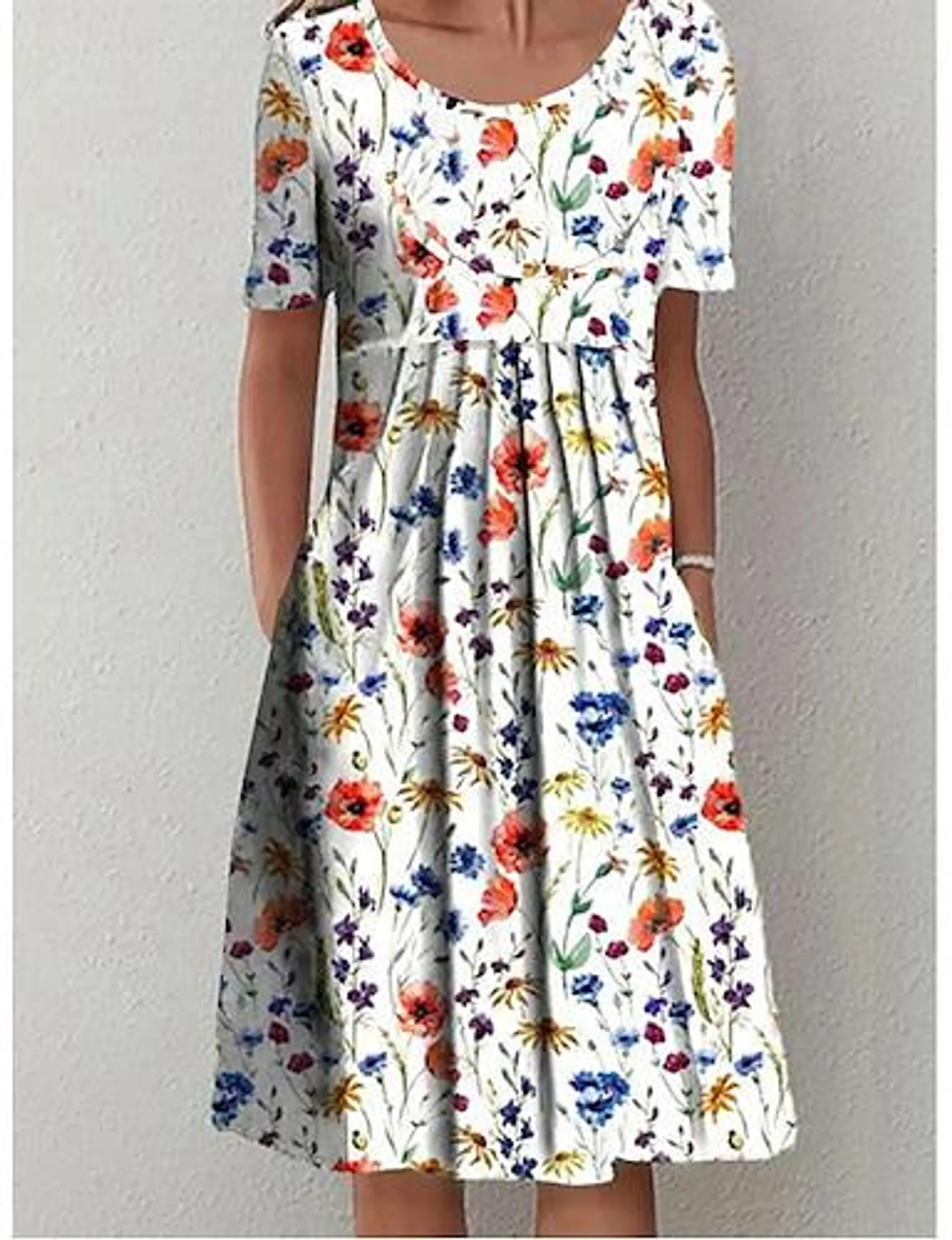 Women's Casual Dress Floral Dress Midi Dress White Short Sleeve Floral Ruched Spring Summer Crew Neck Basic Daily Vacation Weekend 2023 S M L XL XXL 3XL