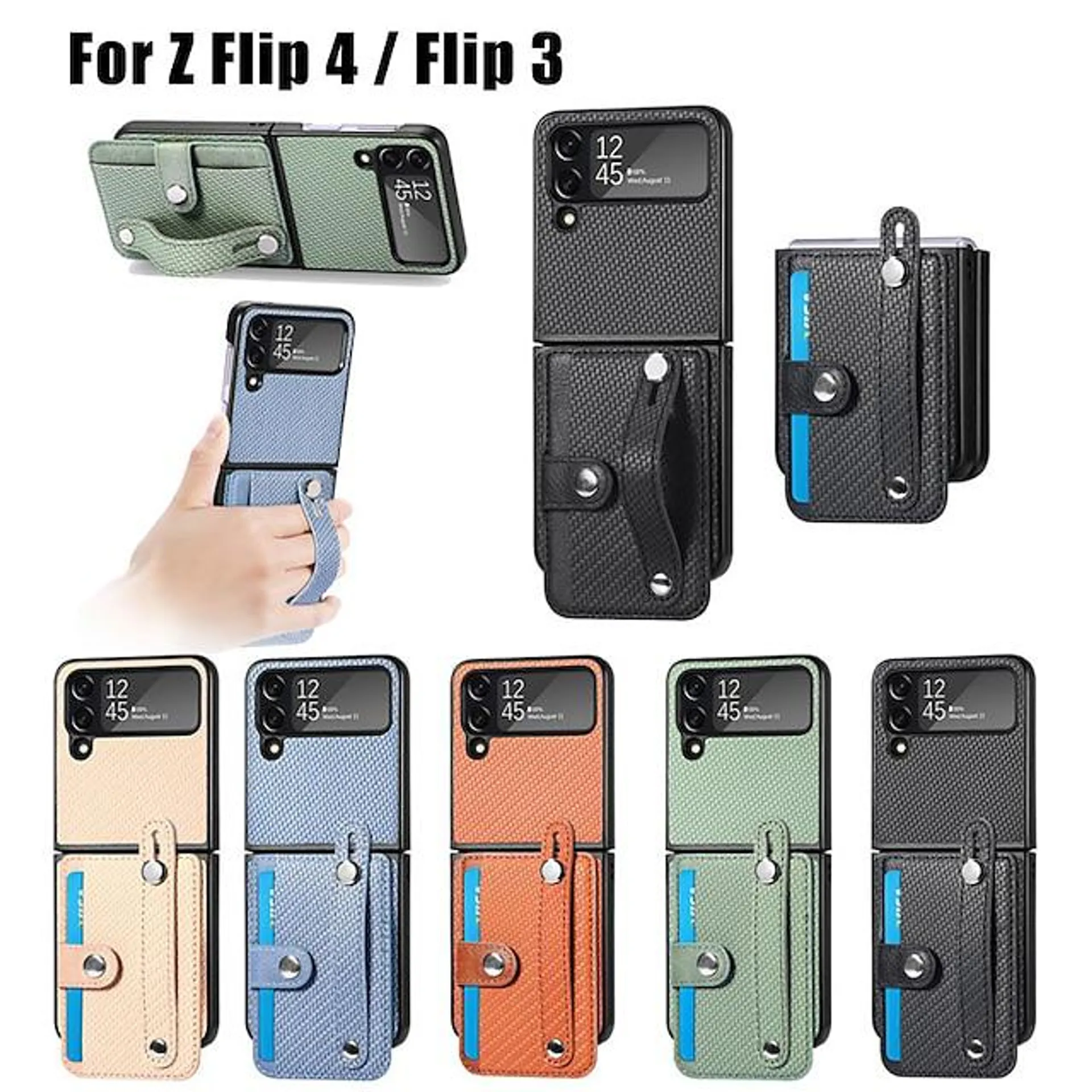 Phone Case For Samsung Galaxy Back Cover Z Flip 4 Z Flip 3 with Wrist Strap With Card Holder Kickstand Solid Colored PU Leather