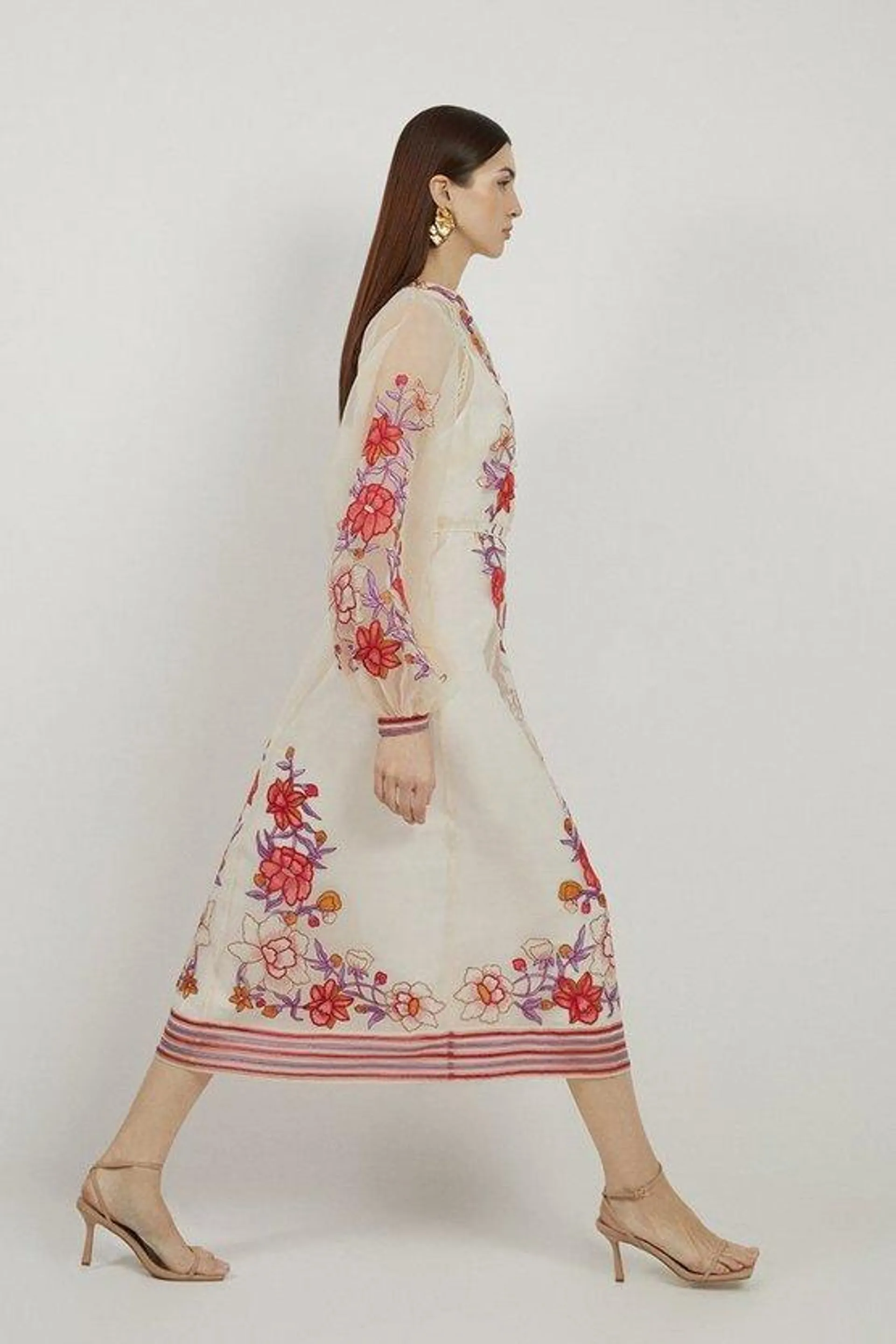 Petite Floral Embroidery Organdie Woven Midi Dress