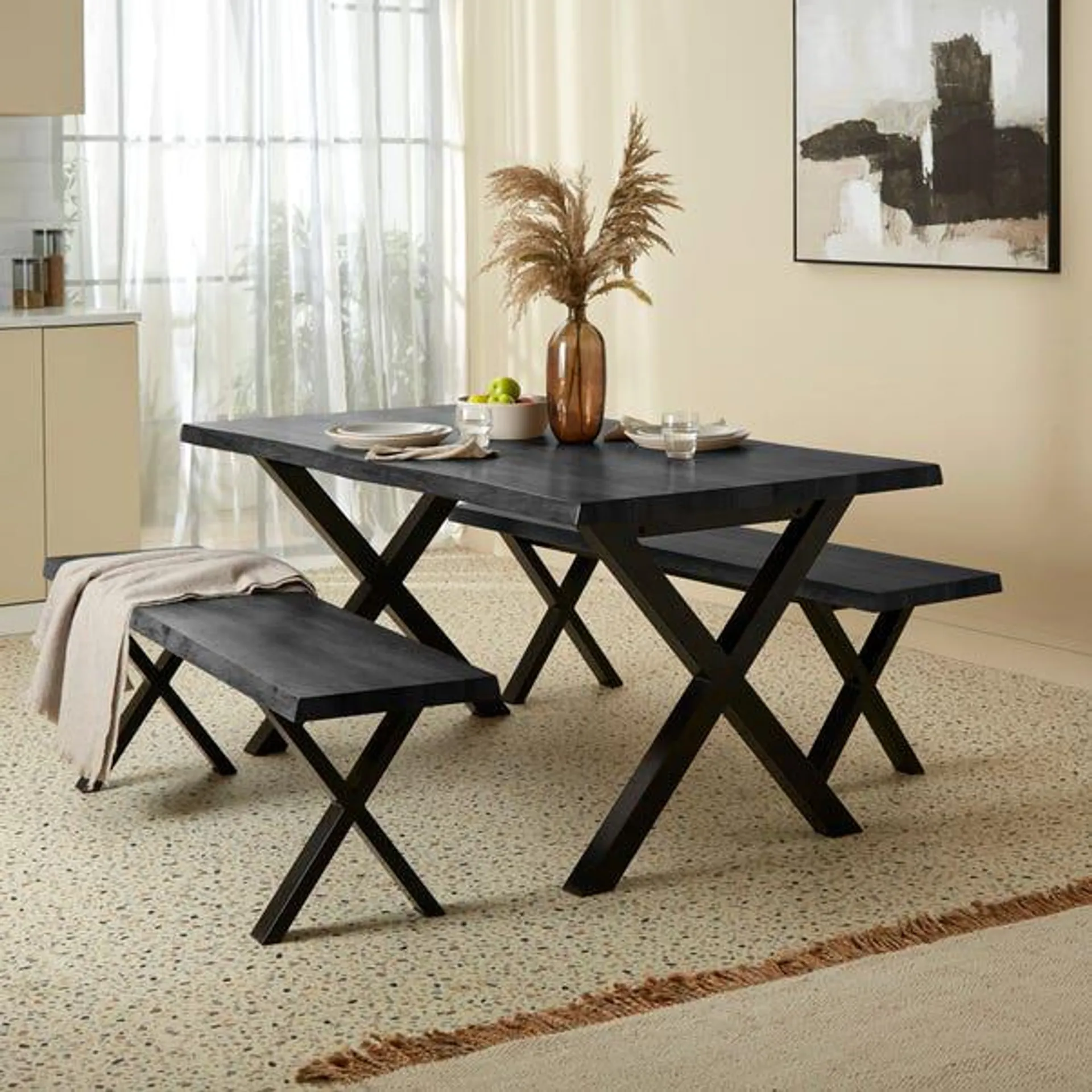 Ezra 6 Seater Rectangular Dining Table with 2 Benches