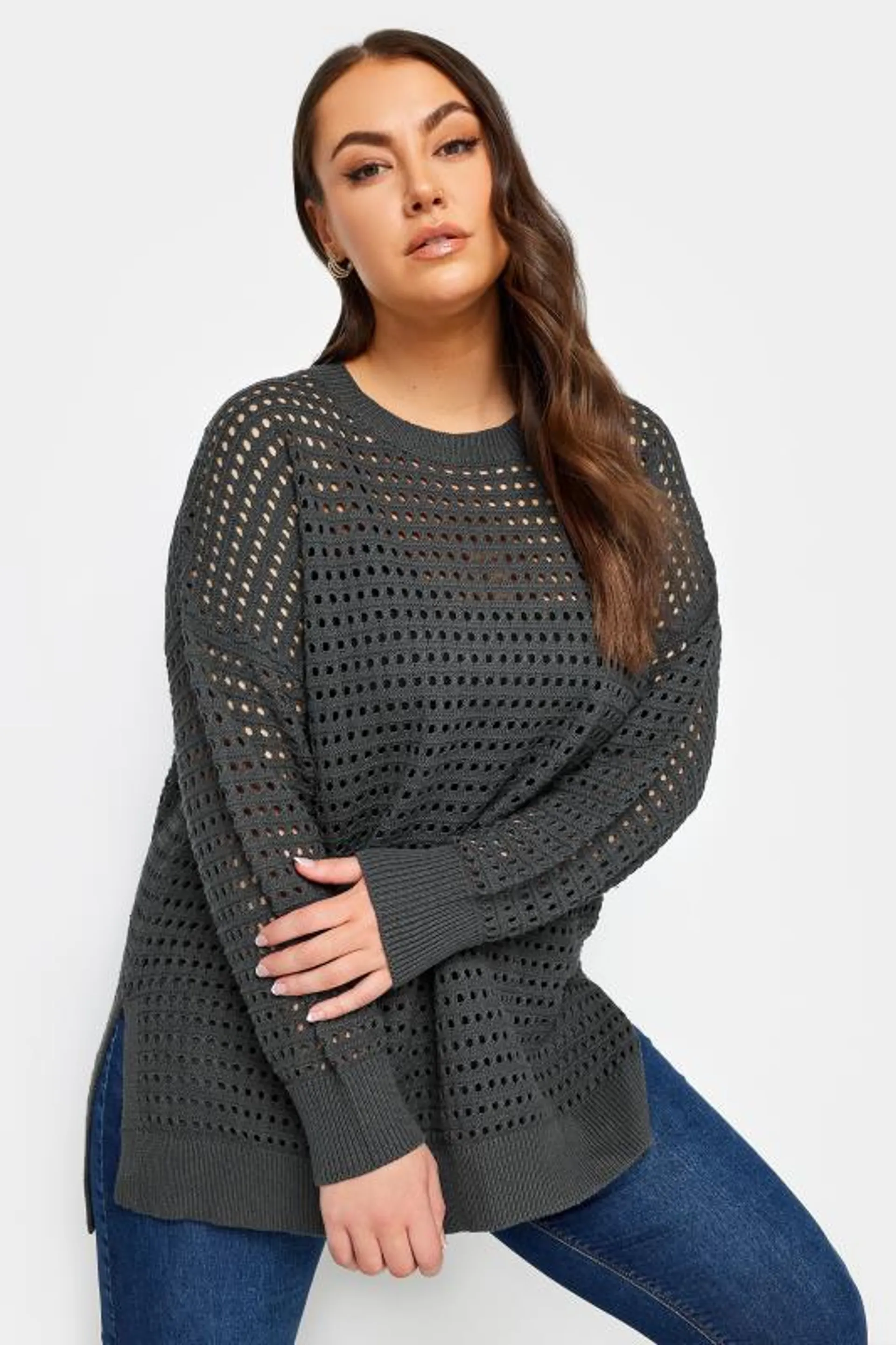 YOURS Curve Slate Grey Side Split Crochet Jumper