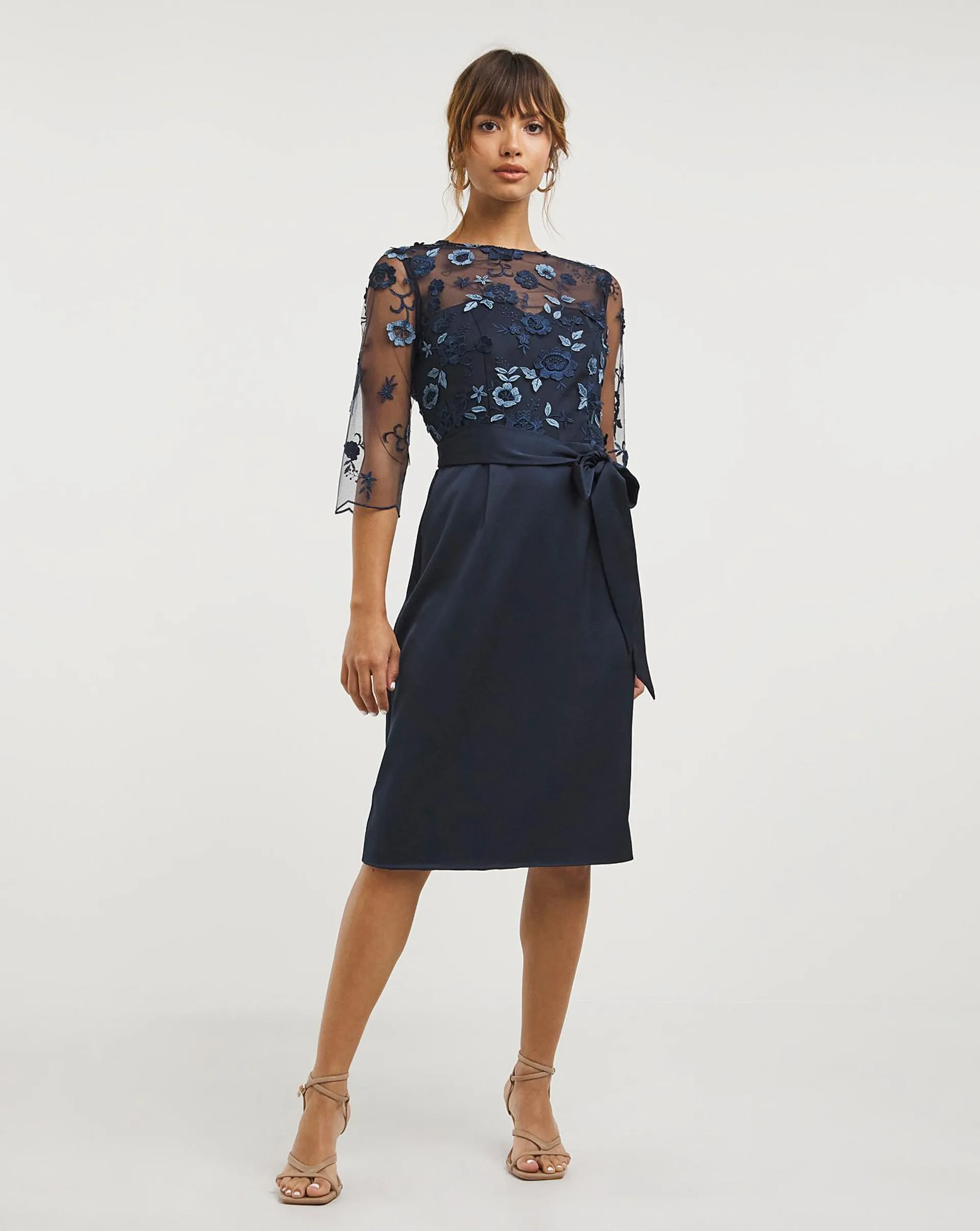 Joanna Hope Navy Embroidered Mesh Dress