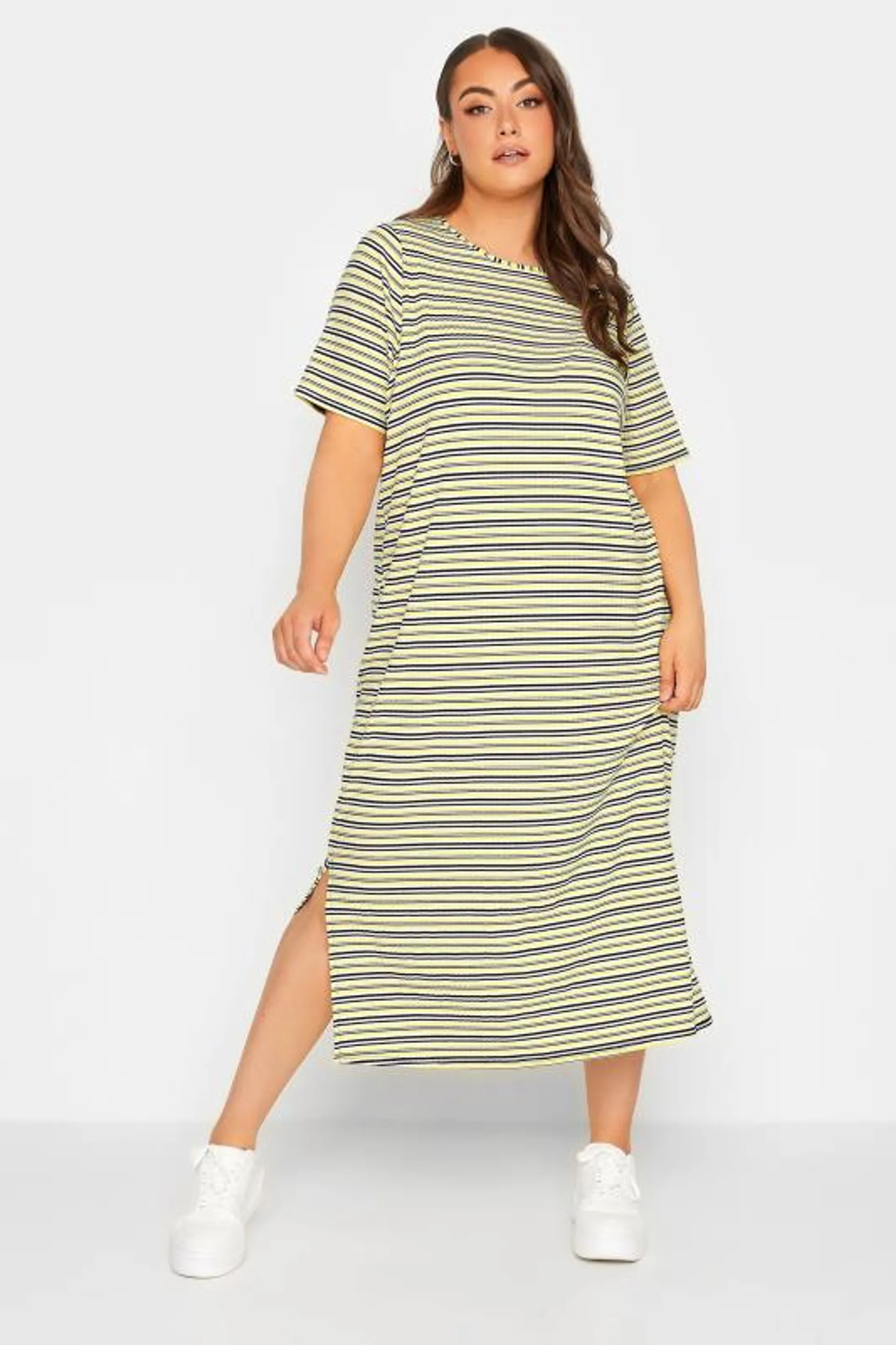 YOURS Curve Yellow Stripe Maxi T-Shirt Dress