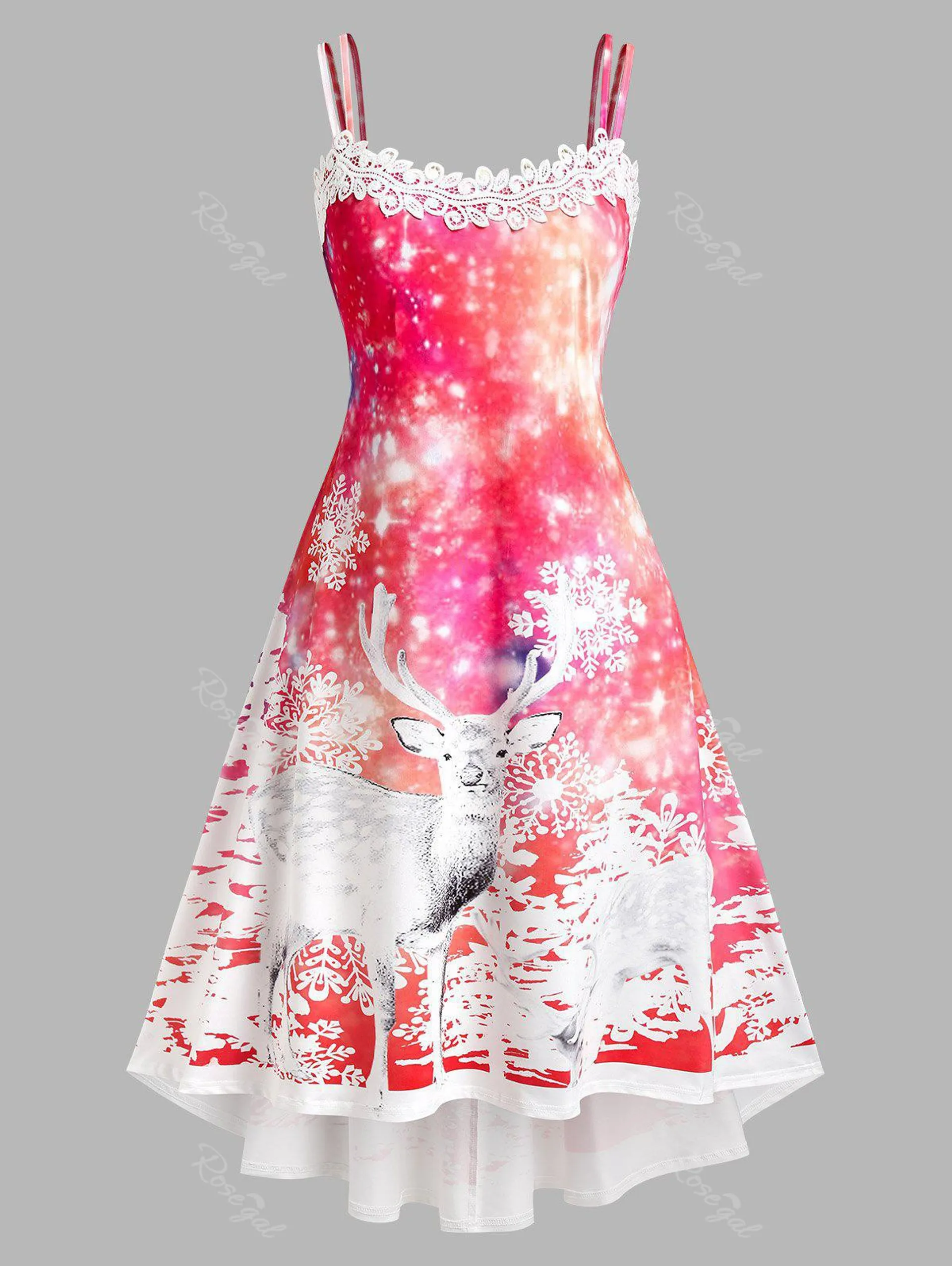 Plus Size Elk Snowflake Print High Low Christmas Midi Dress - 5x