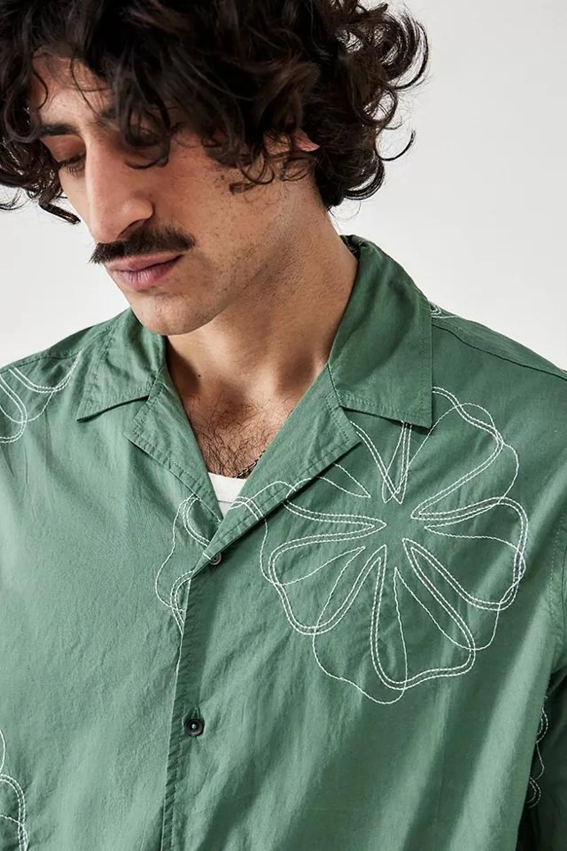 BDG Green Sencha Embroidered Short-Sleeved Shirt