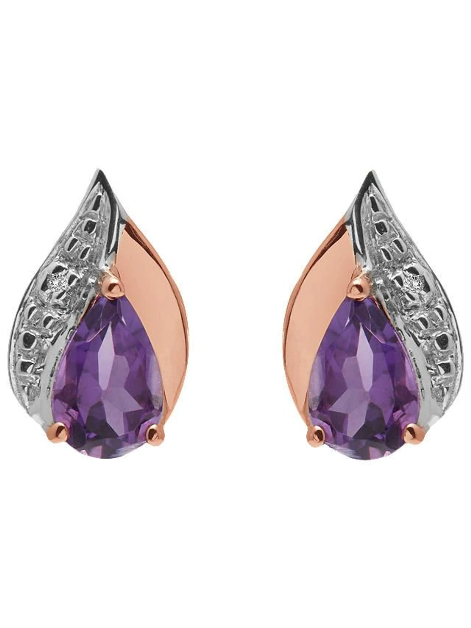 A B Davis 9ct Rose Gold Amethyst and Diamond Teardrop Stud Earrings, Multi