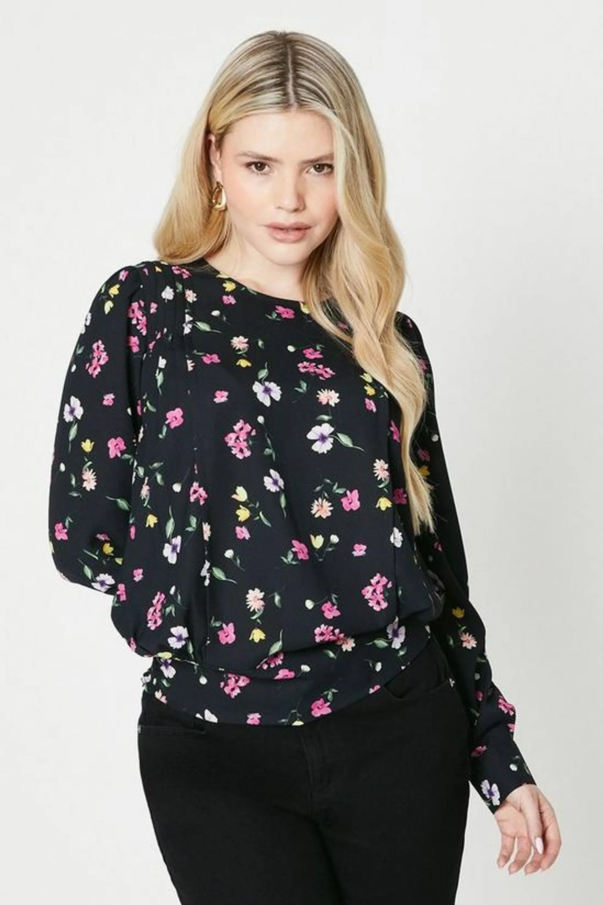 Floral Pleat Front Long Sleeve Blouse