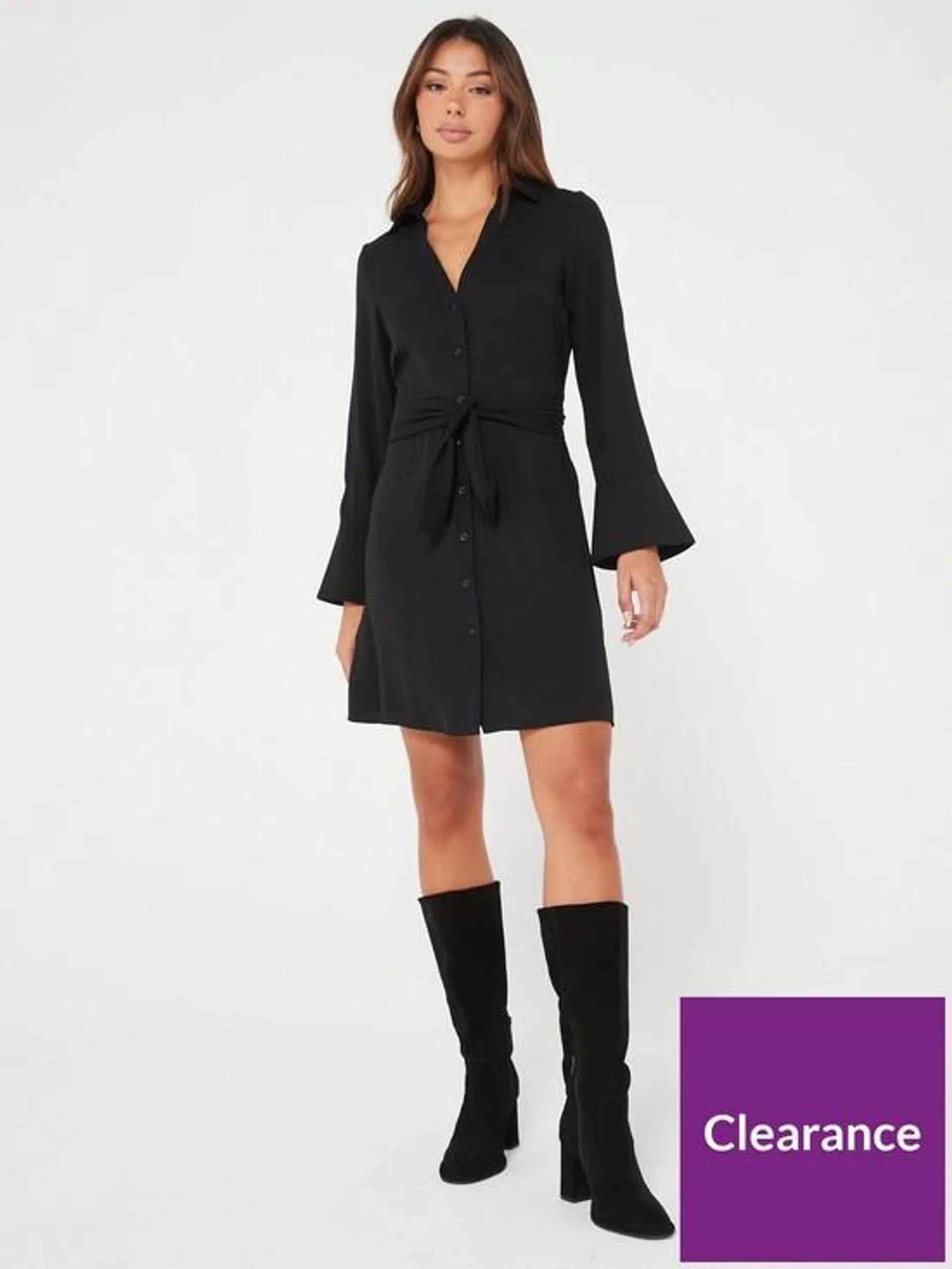 Long Sleeve Mini Shirt Dress - Black