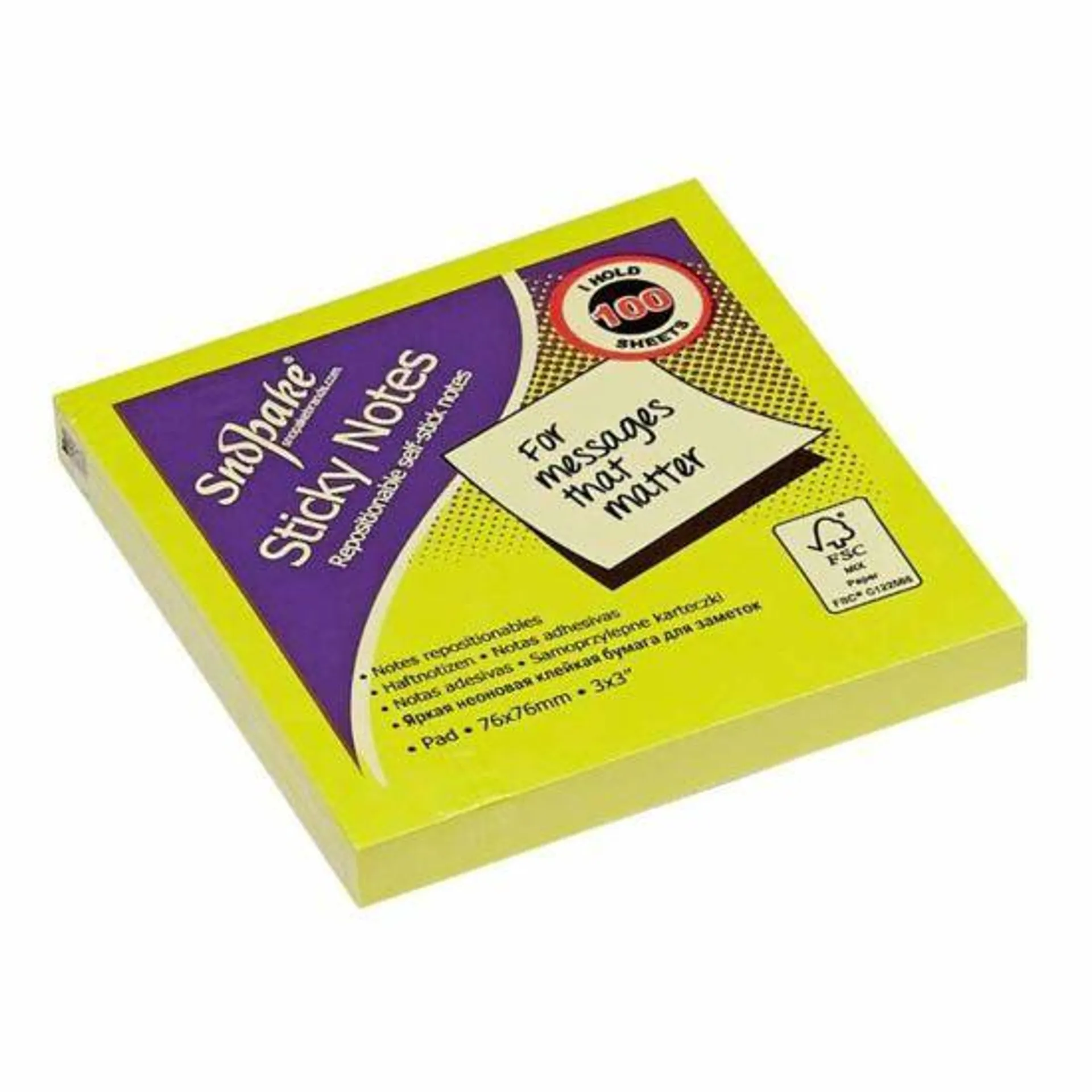 Snopake Sticky Notes 76x76mm 100 Sheets Neon Assorted