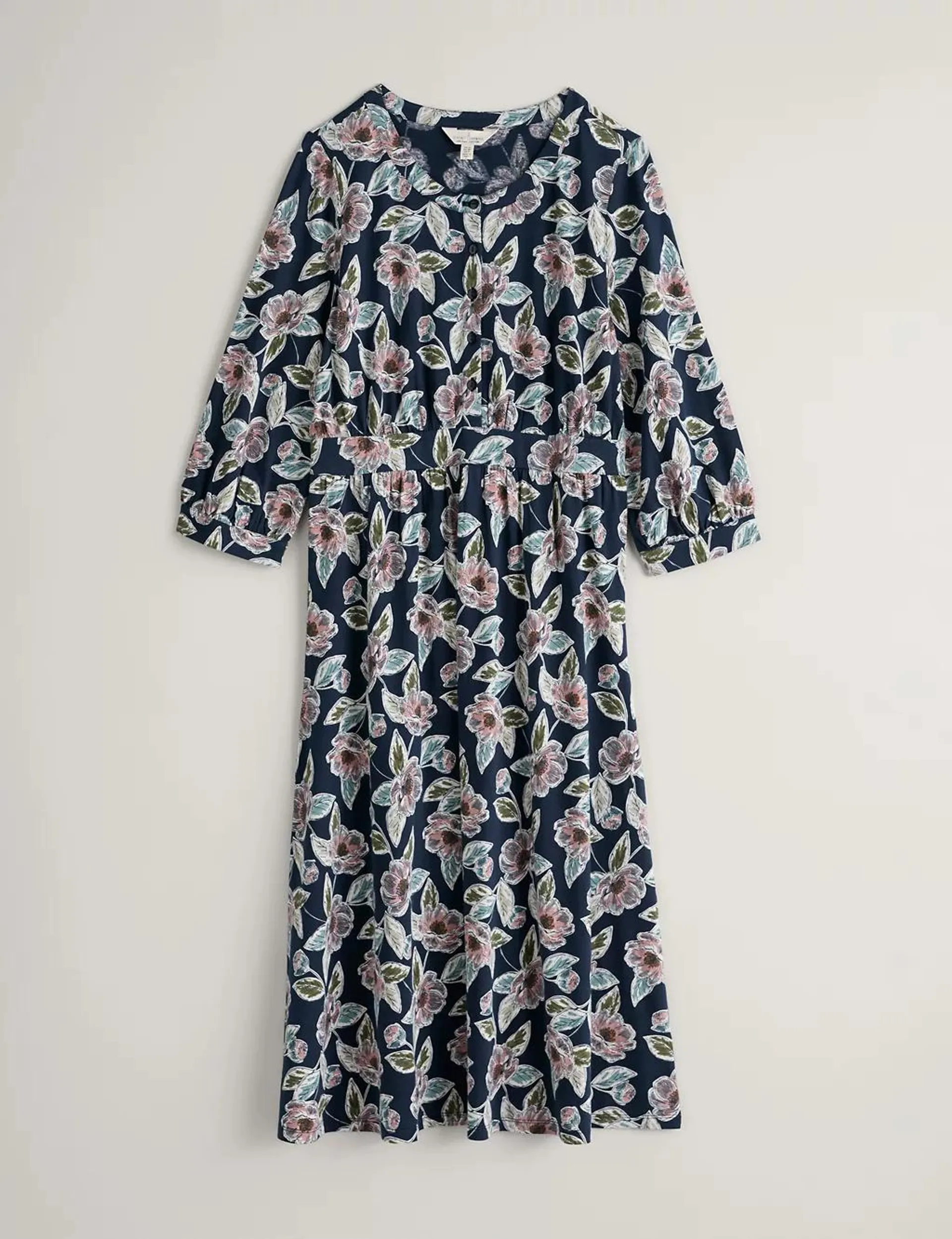 Cotton Rich Floral Midi Waisted Dress
