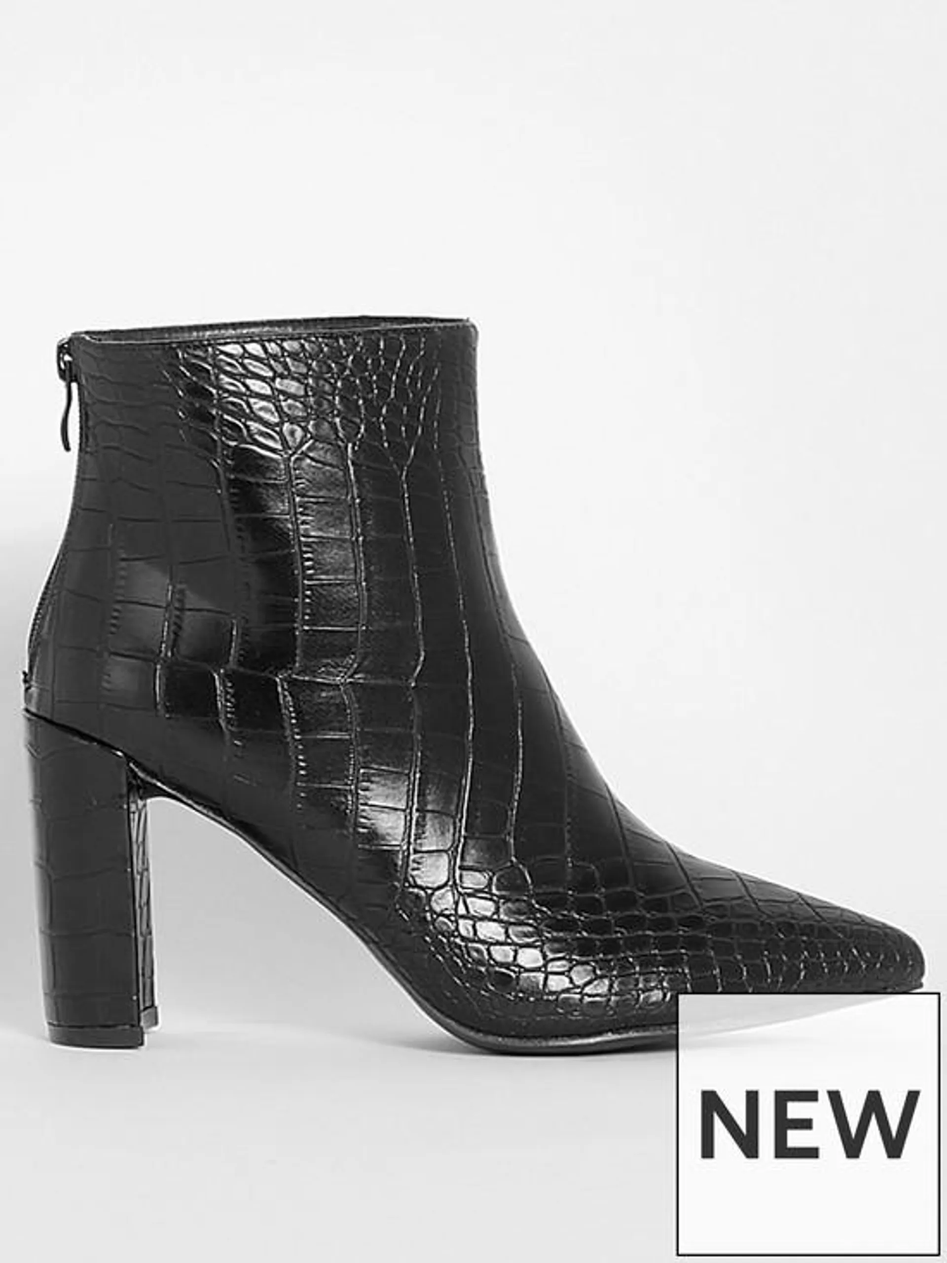 Wide Fit Pointed Toe Croc Heeled Boot - Black