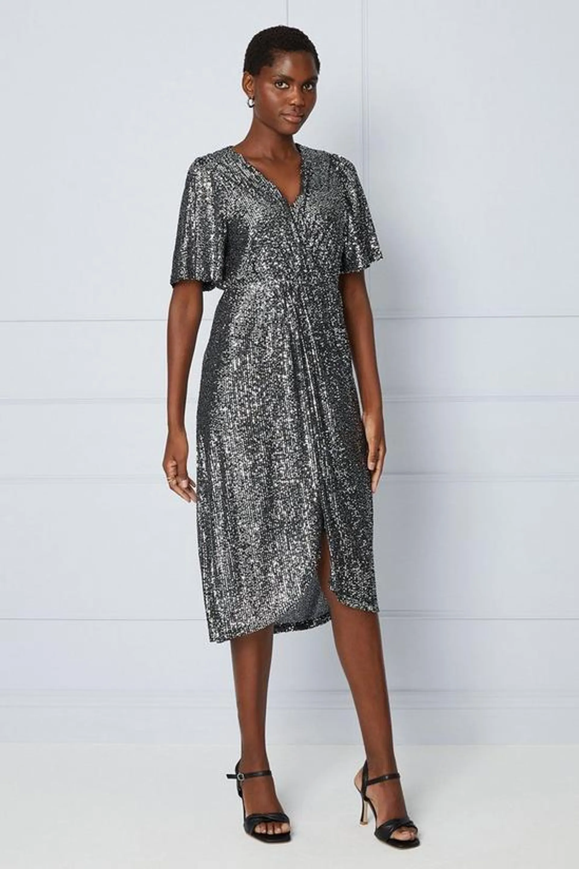 Sequin Twist Wrap Midi Dress