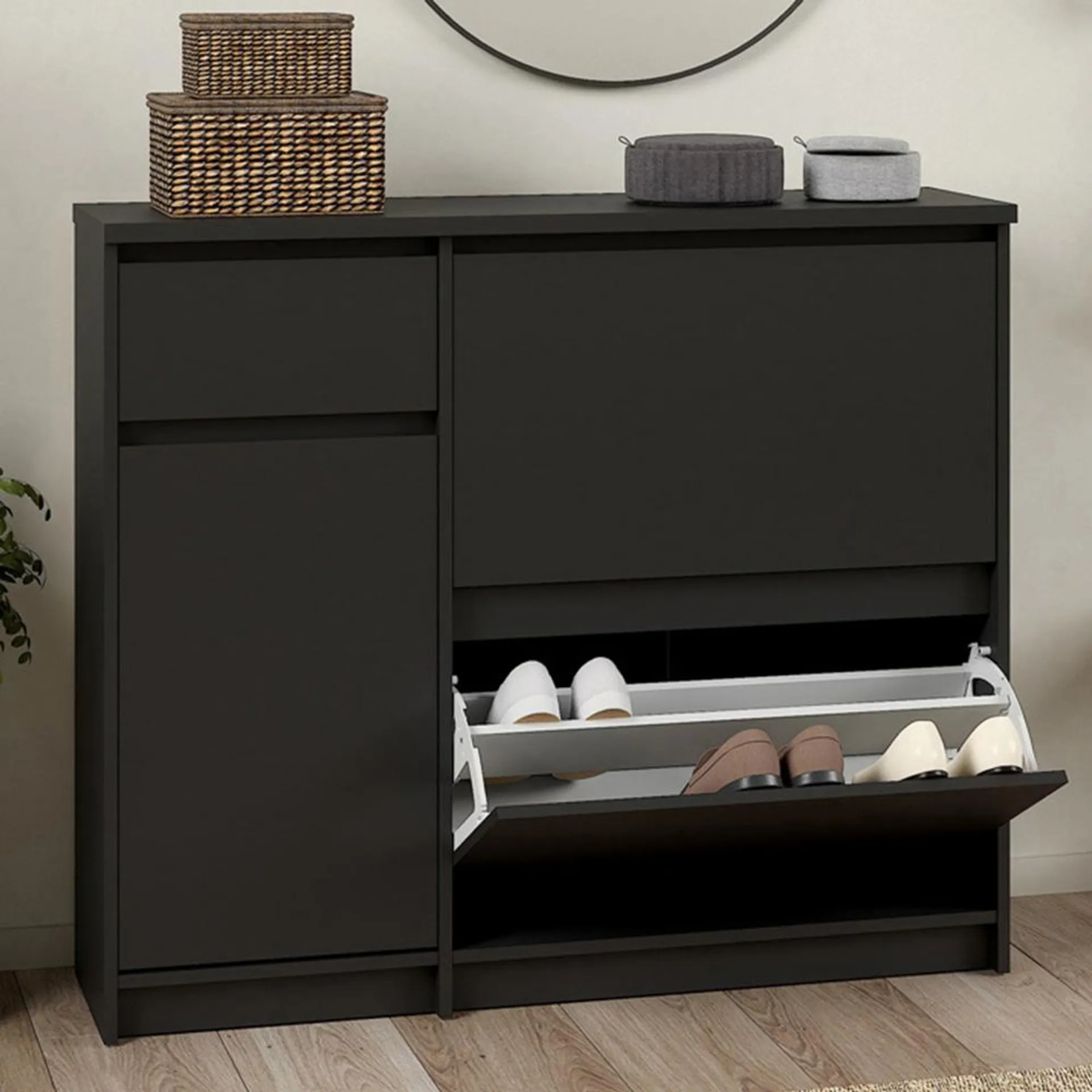 Florence Single Door 3 Drawer Matt Black Shoe Cabinet