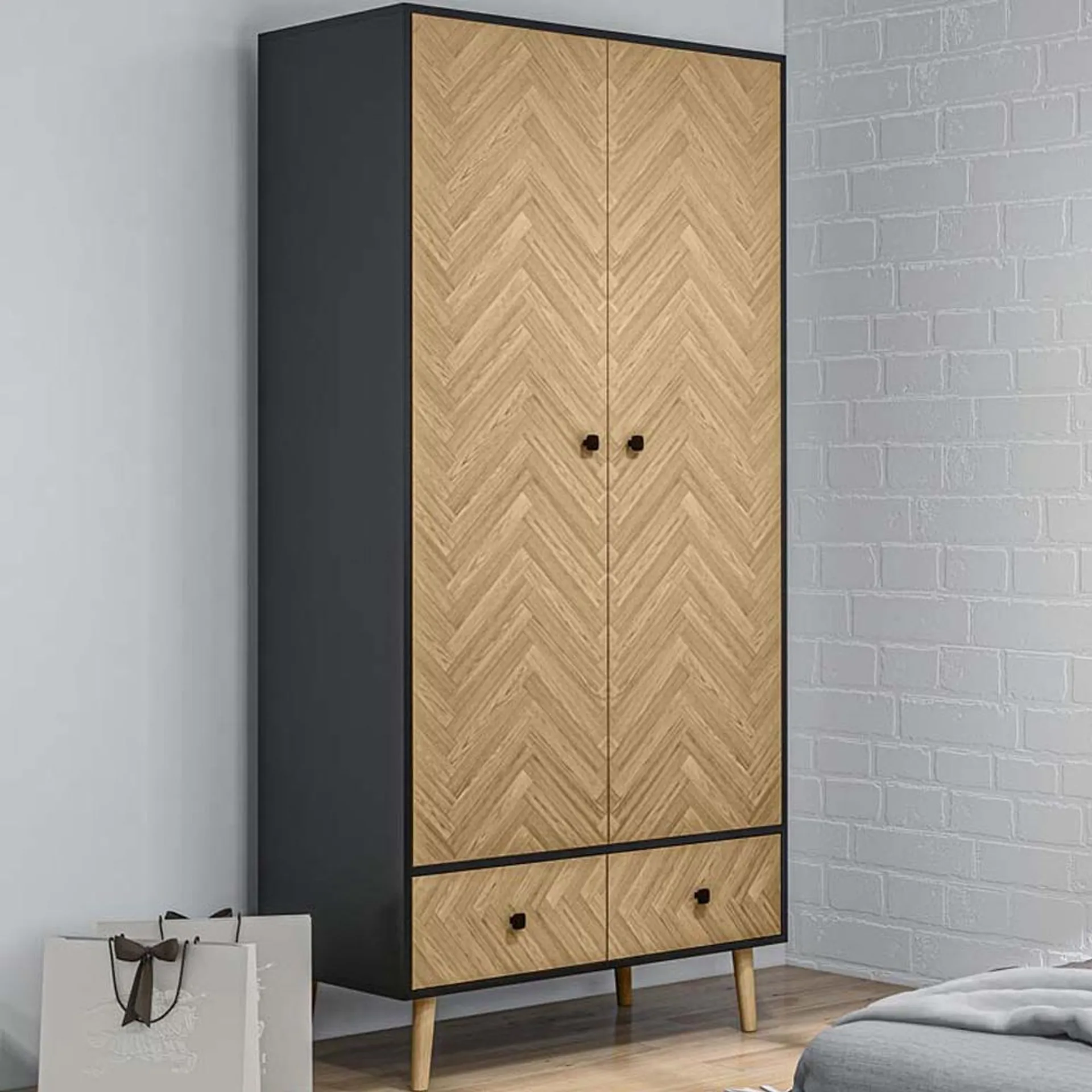 Portland 2 Door 2 Drawer Natural Wood and Black Wardrobe