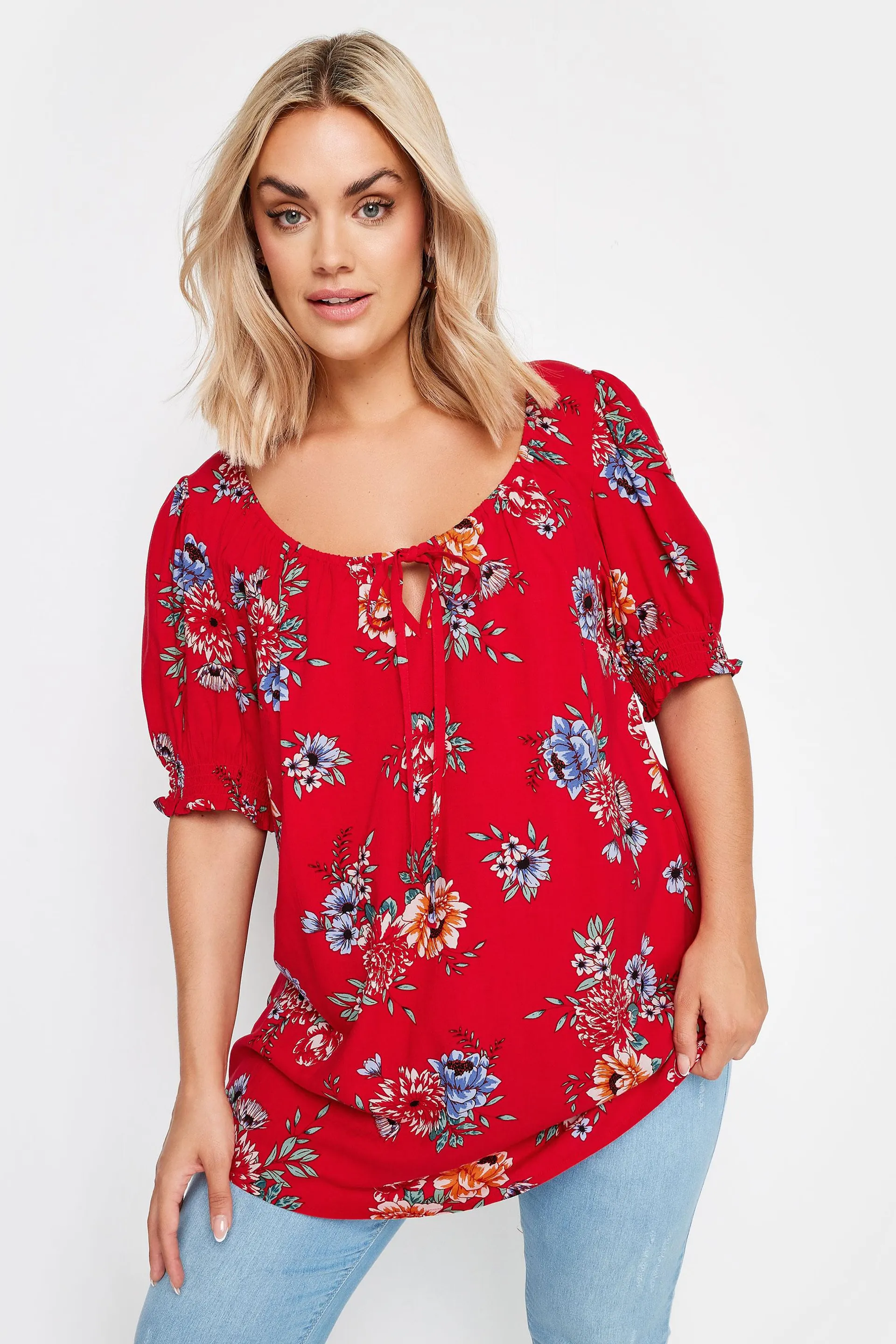 YOURS Curve Red Floral Print Tie Neck Top