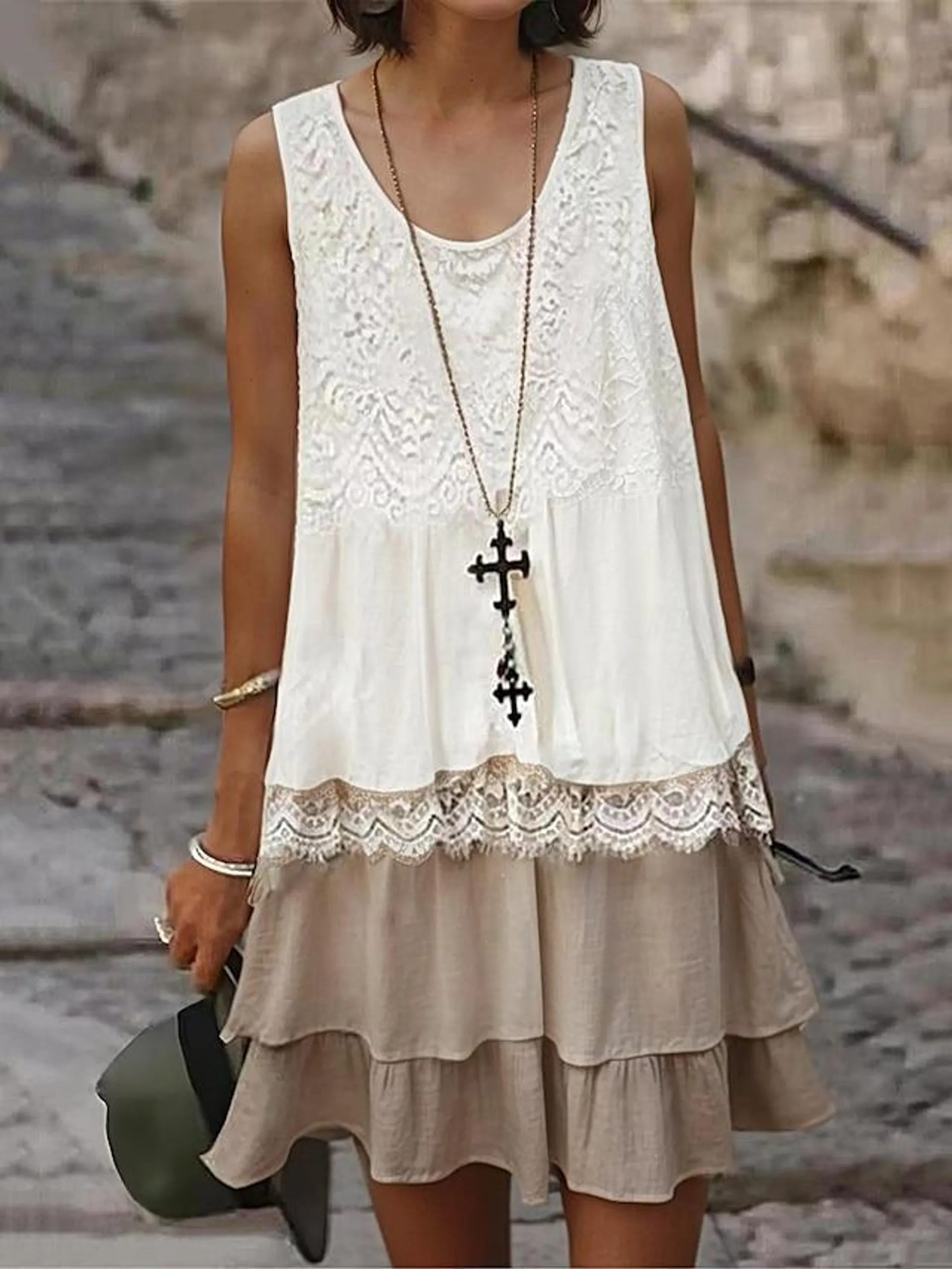 Women's White Dress Mini Dress Lace Ruffle Vacation Casual Crew Neck Sleeveless White Color