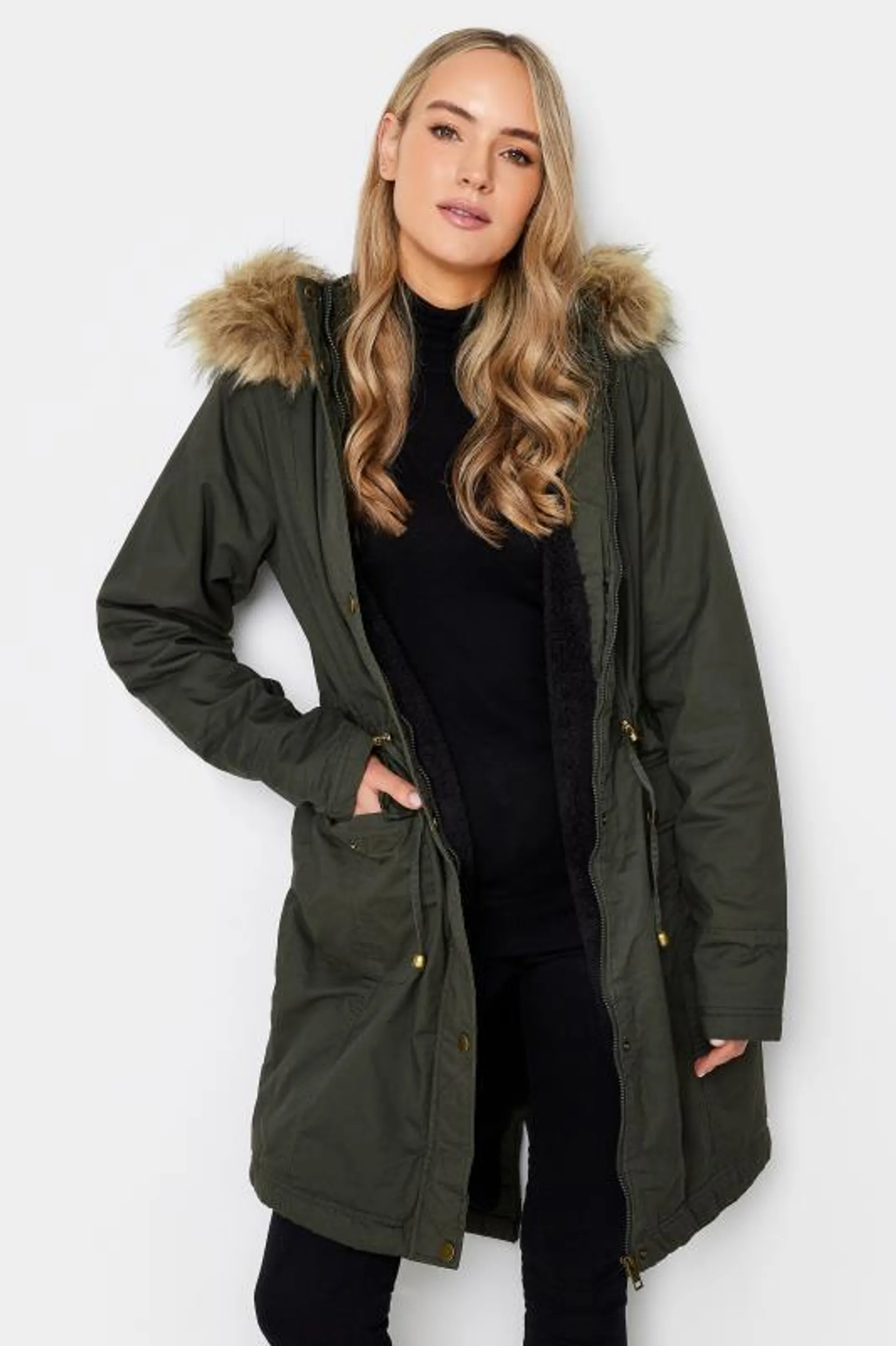 LTS Tall Khaki Faux Fur Trim Parka