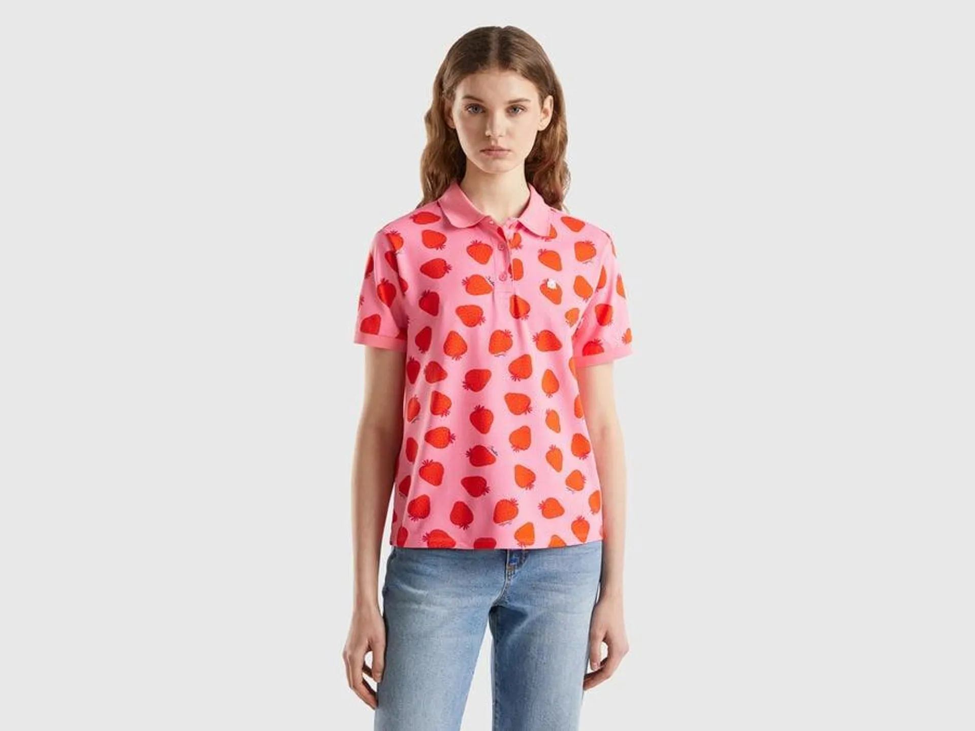 Pink polo with strawberry pattern